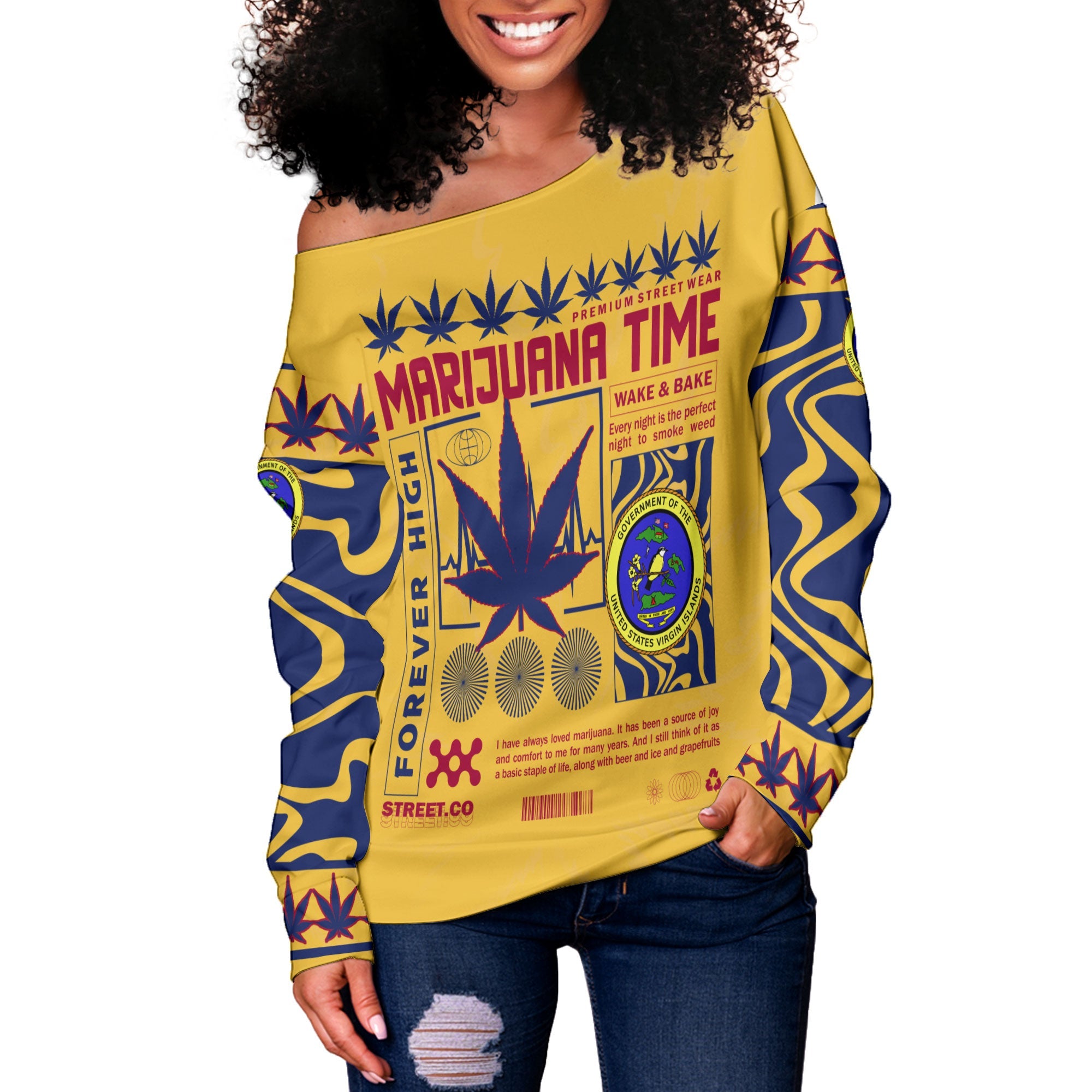 United States Virgin Islands Women Off Shoulder Sweatshirt Flag & Coat Of Arms Marijuanas Style