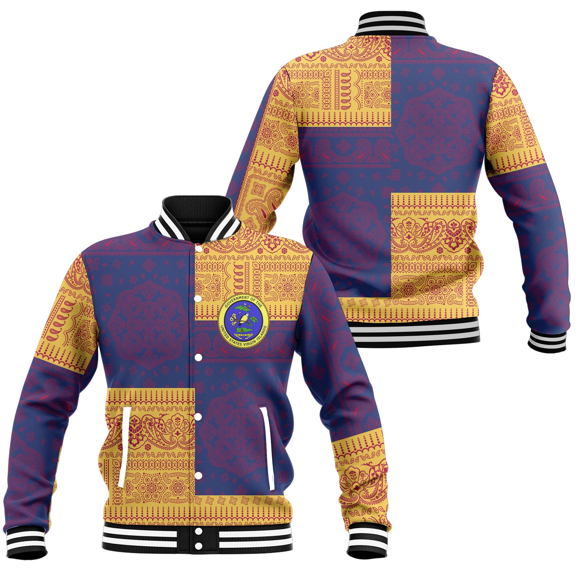 United States Virgin Islands Baseball Jacket Flag And Paisley Basic Style 1