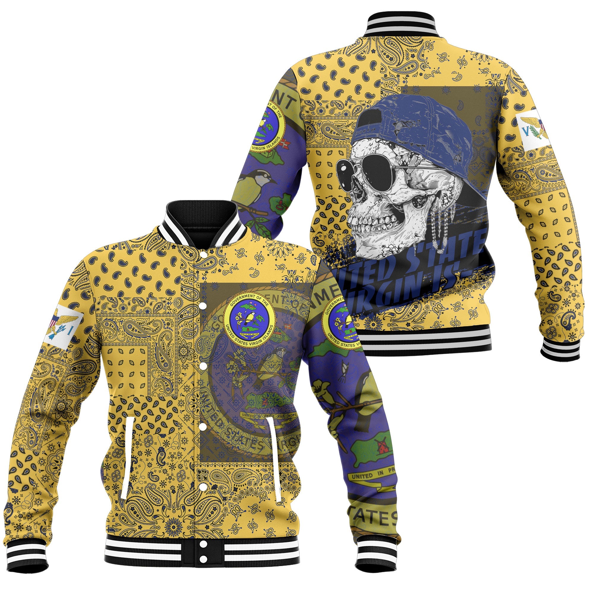 United States Virgin Islands Baseball Jacket Paisley Flag And Skull Style 1