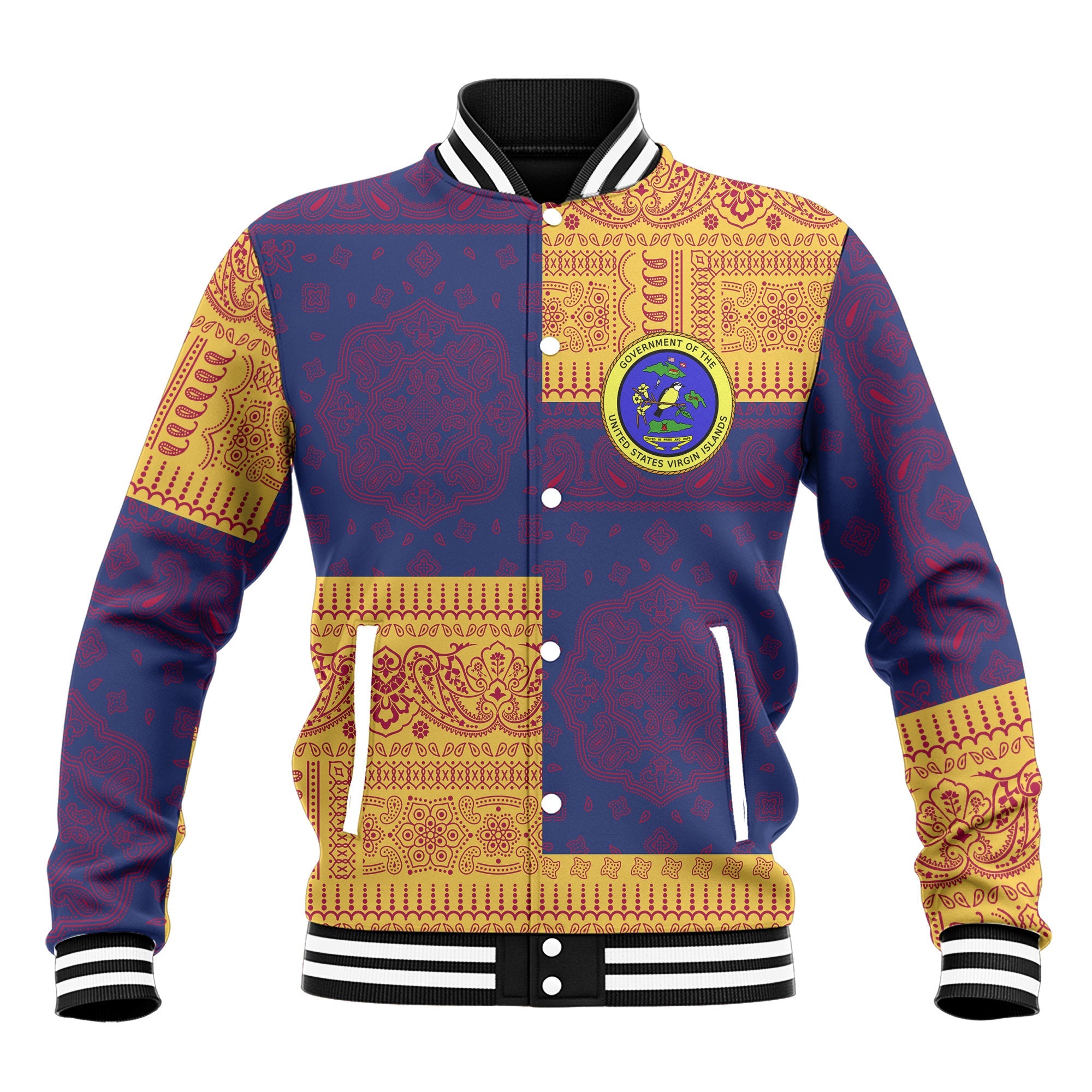 United States Virgin Islands Baseball Jacket Flag And Paisley Basic Style 2