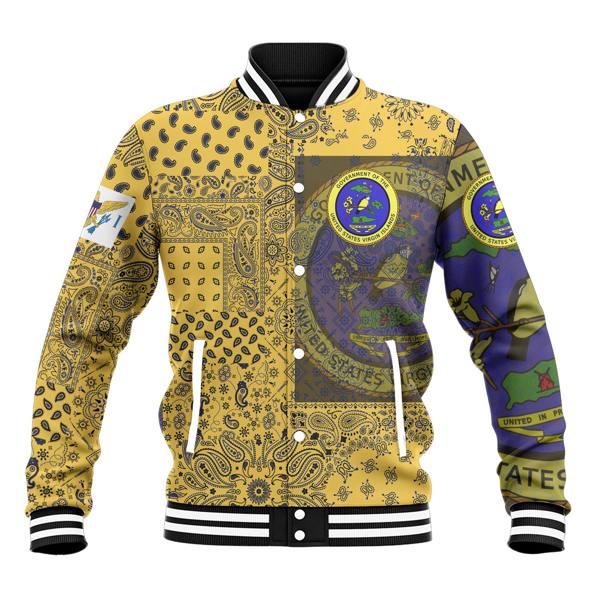 United States Virgin Islands Baseball Jacket Paisley Flag And Skull Style 2