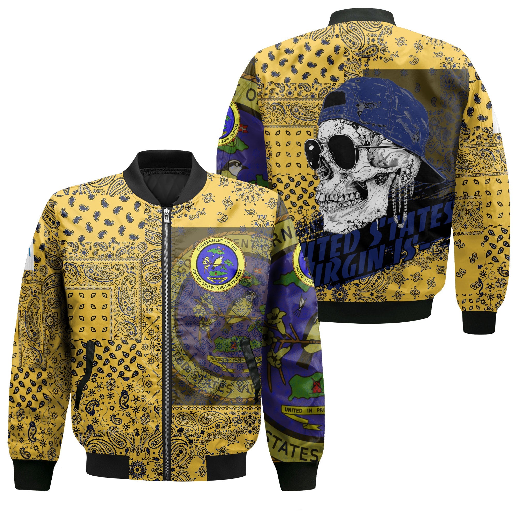 United States Virgin Islands Bomber Jacket Paisley Flag And Skull Style 1