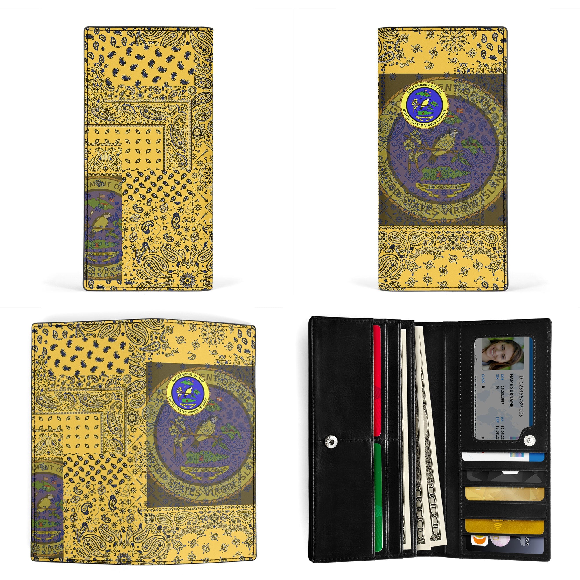 United States Virgin Islands Leather Wallet Paisley Flag And Skull Style 3