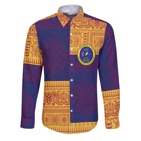 United States Virgin Islands Long Sleeve Button Shirt Flag And Paisley Basic Style 1