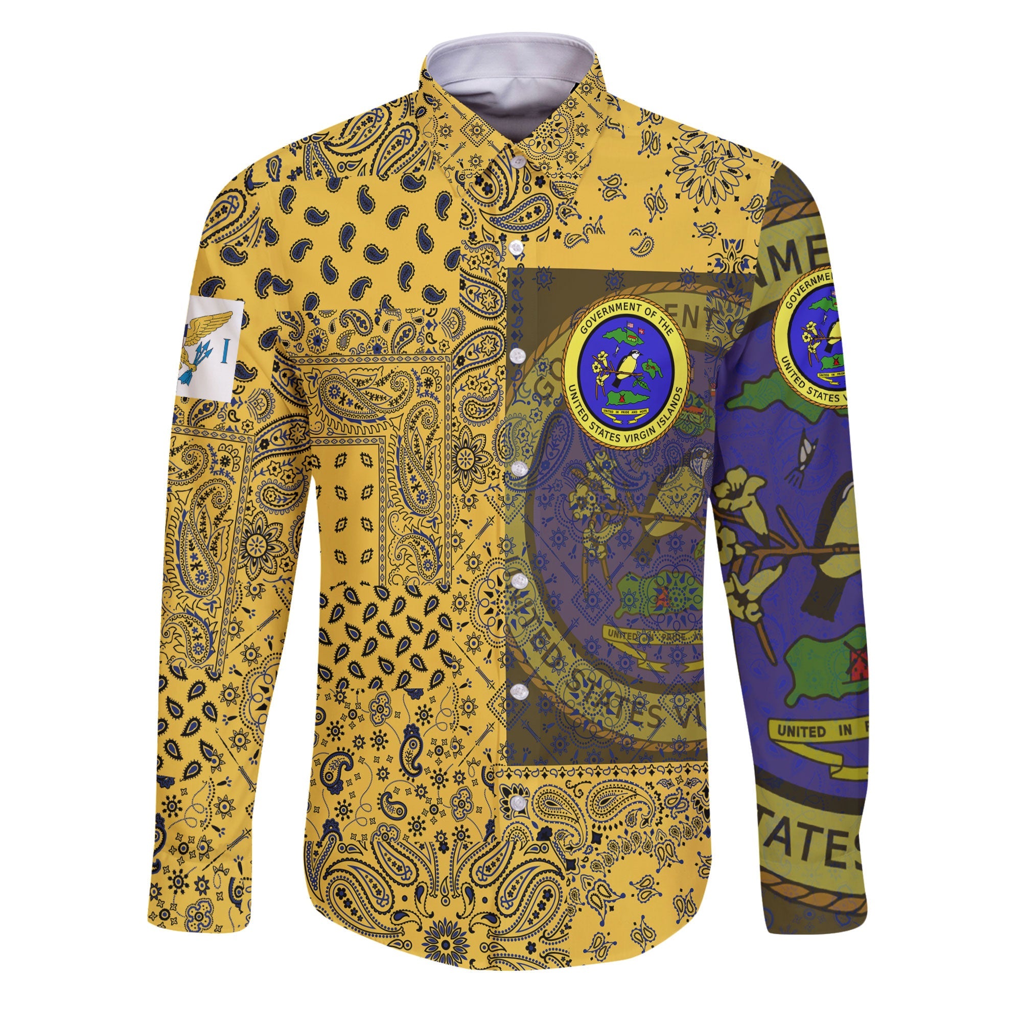 United States Virgin Islands Long Sleeve Button Shirt Paisley Flag And Skull Style 1