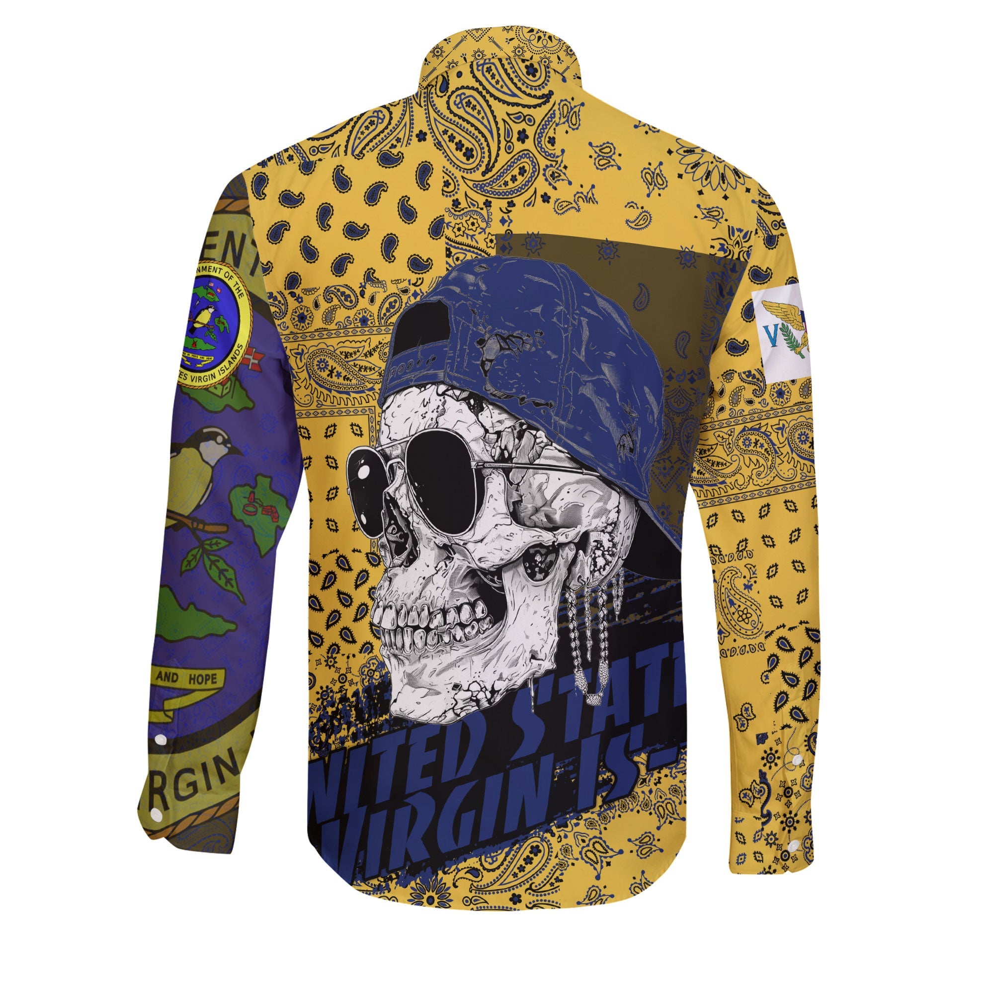 United States Virgin Islands Long Sleeve Button Shirt Paisley Flag And Skull Style 2