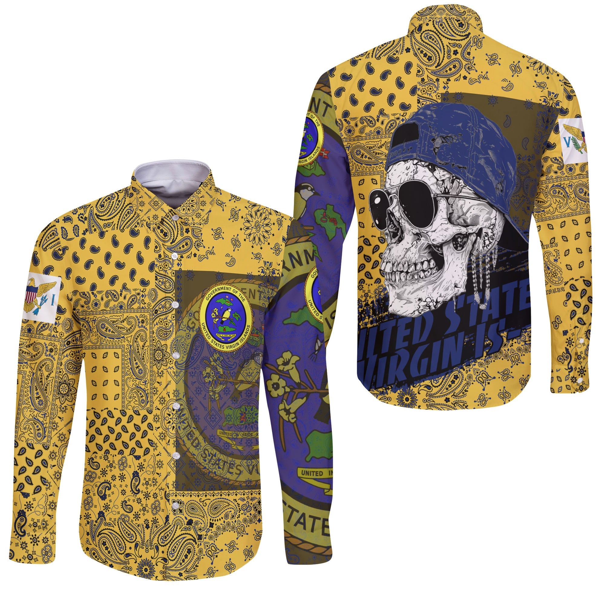 United States Virgin Islands Long Sleeve Button Shirt Paisley Flag And Skull Style 3