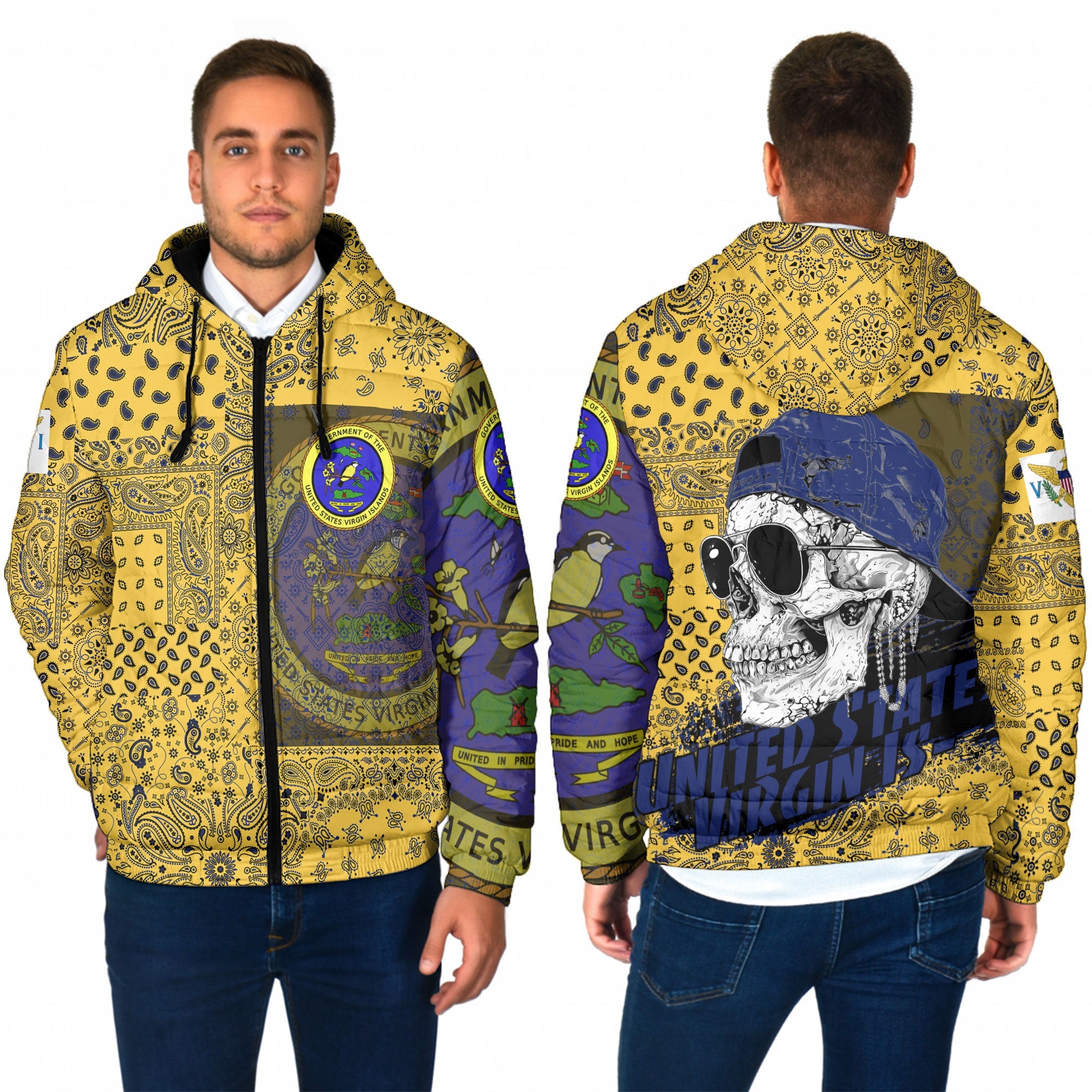 United States Virgin Islands Men Hooded Padded Jacket Paisley Flag And Skull Style 1