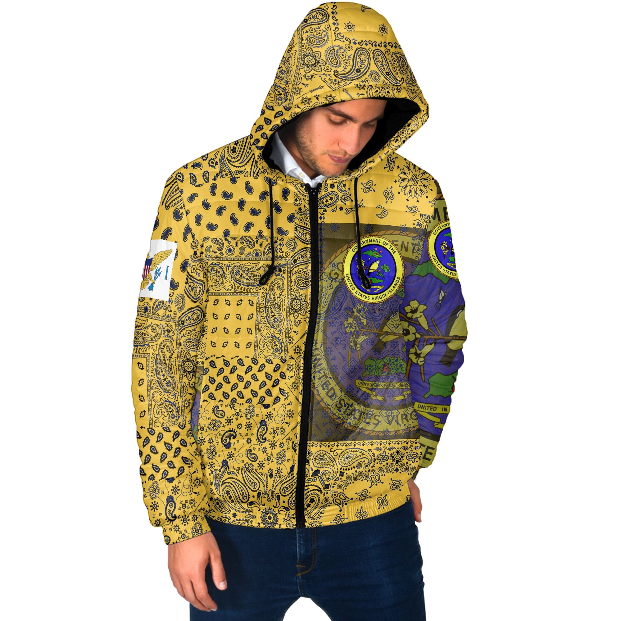 United States Virgin Islands Men Hooded Padded Jacket Paisley Flag And Skull Style 2