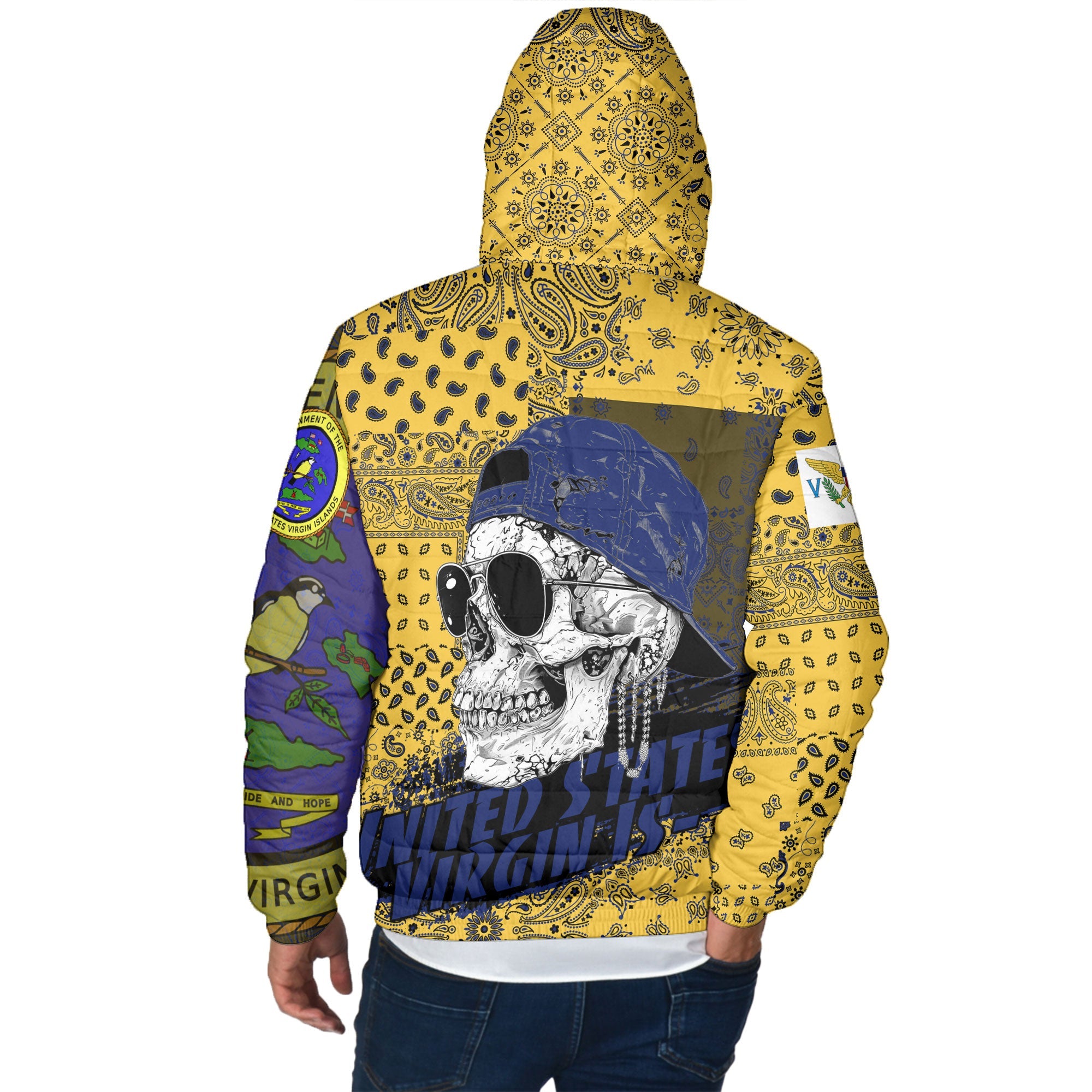 United States Virgin Islands Men Hooded Padded Jacket Paisley Flag And Skull Style 3