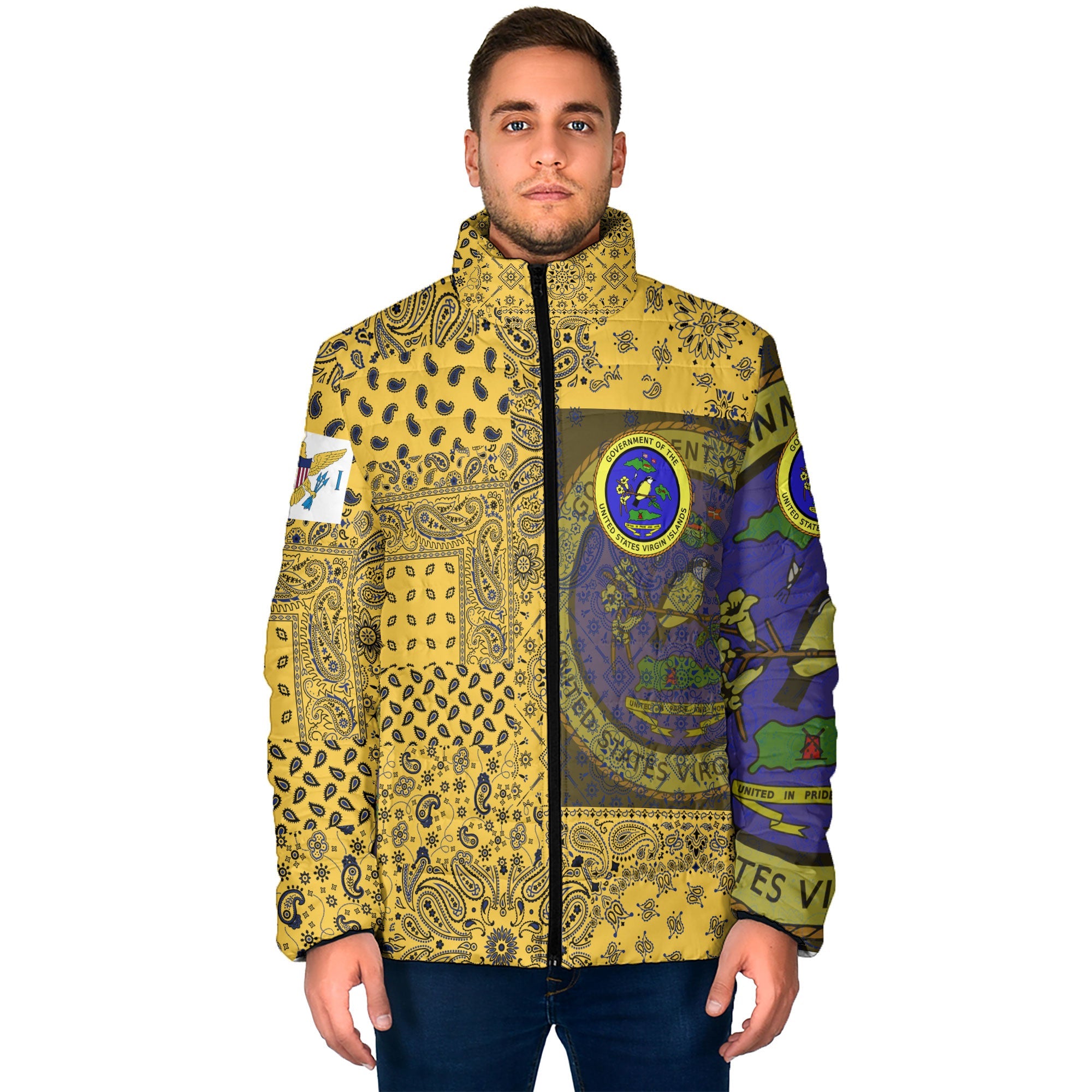 United States Virgin Islands Men Padded Jacket Paisley Flag And Skull Style 1