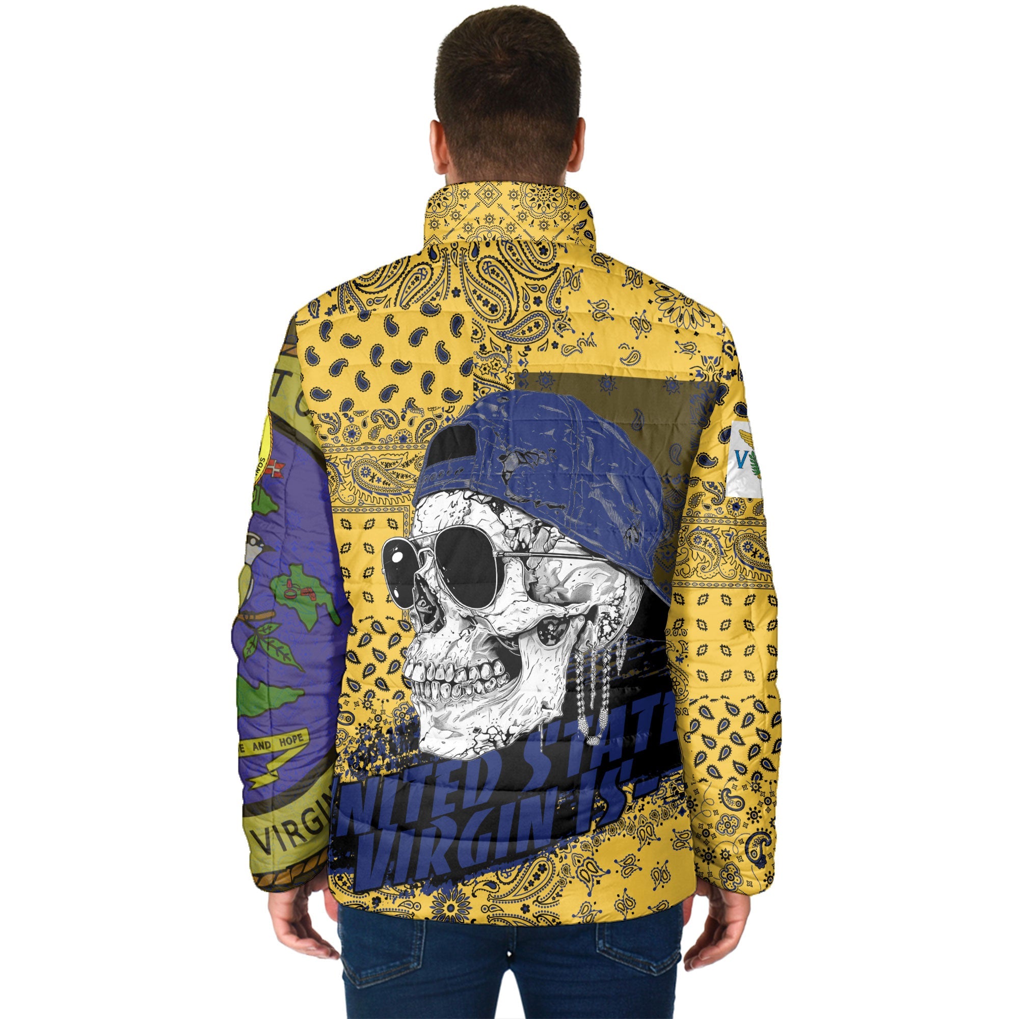 United States Virgin Islands Men Padded Jacket Paisley Flag And Skull Style 2