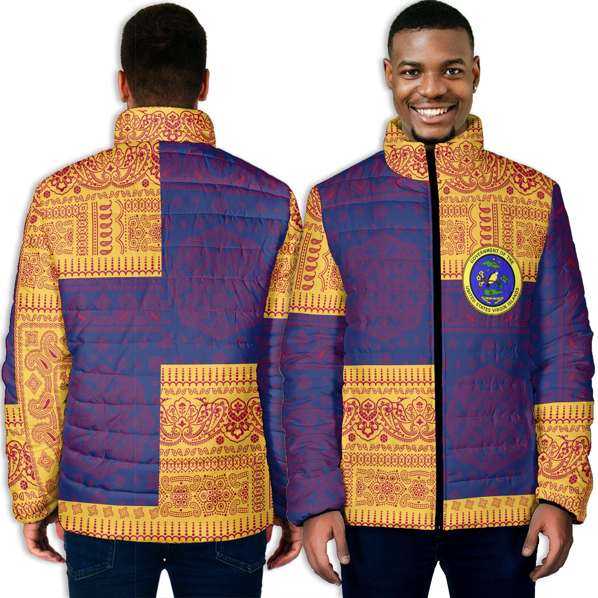 United States Virgin Islands Men Padded Jacket Flag And Paisley Basic Style 3