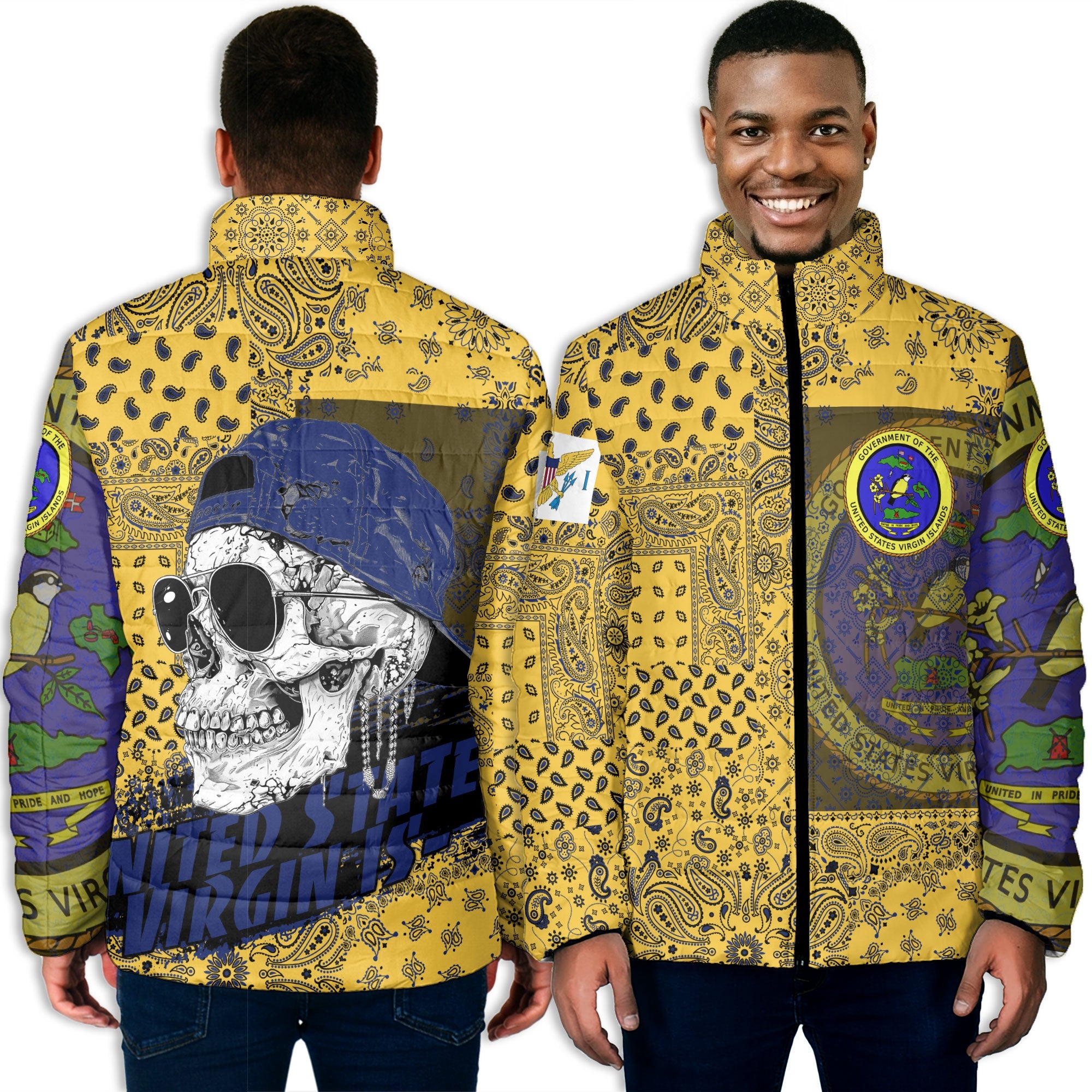 United States Virgin Islands Men Padded Jacket Paisley Flag And Skull Style 3