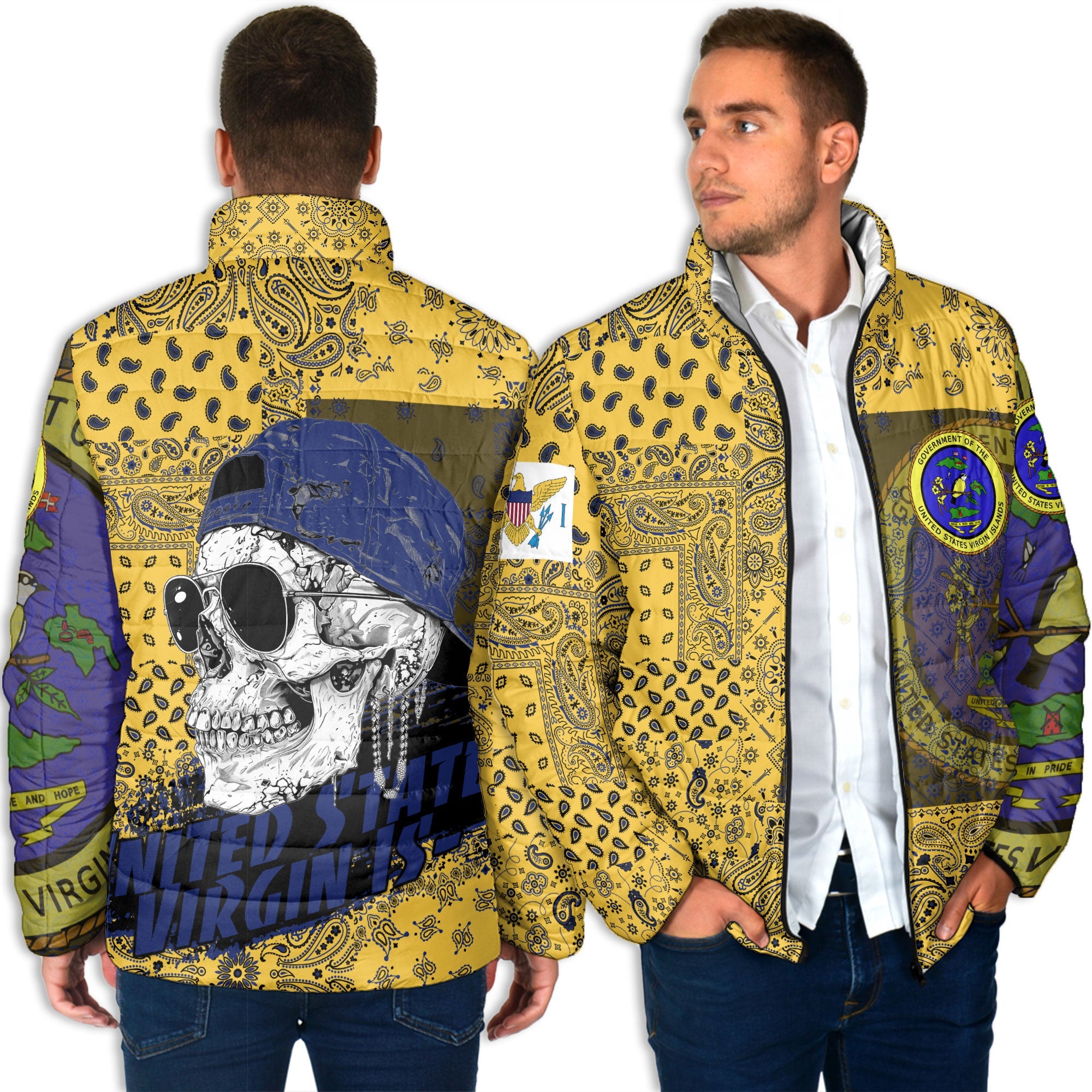 United States Virgin Islands Men Padded Jacket Paisley Flag And Skull Style 4