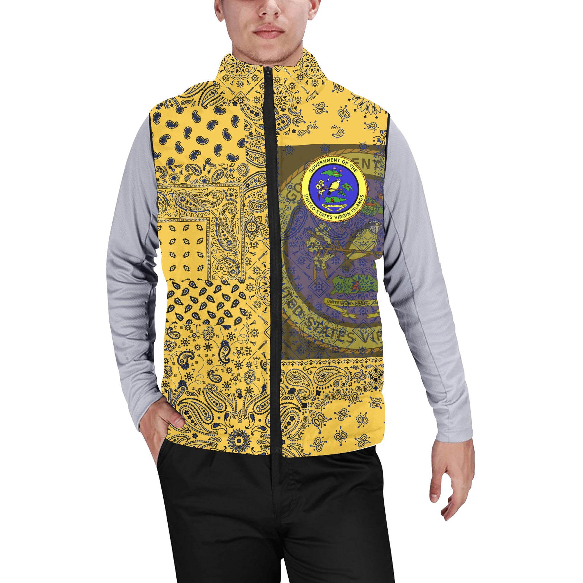 United States Virgin Islands Men Padded Jacket Vest Paisley Flag And Skull Style 1