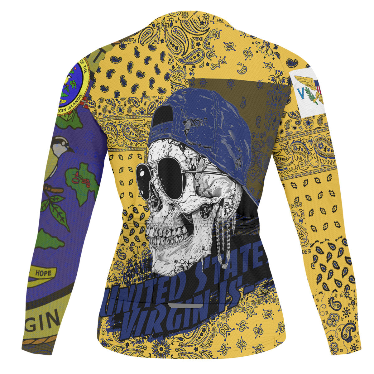 United States Virgin Islands Raglan Men Cycling Jersey Long Sleeve Paisley Flag And Skull Style 2