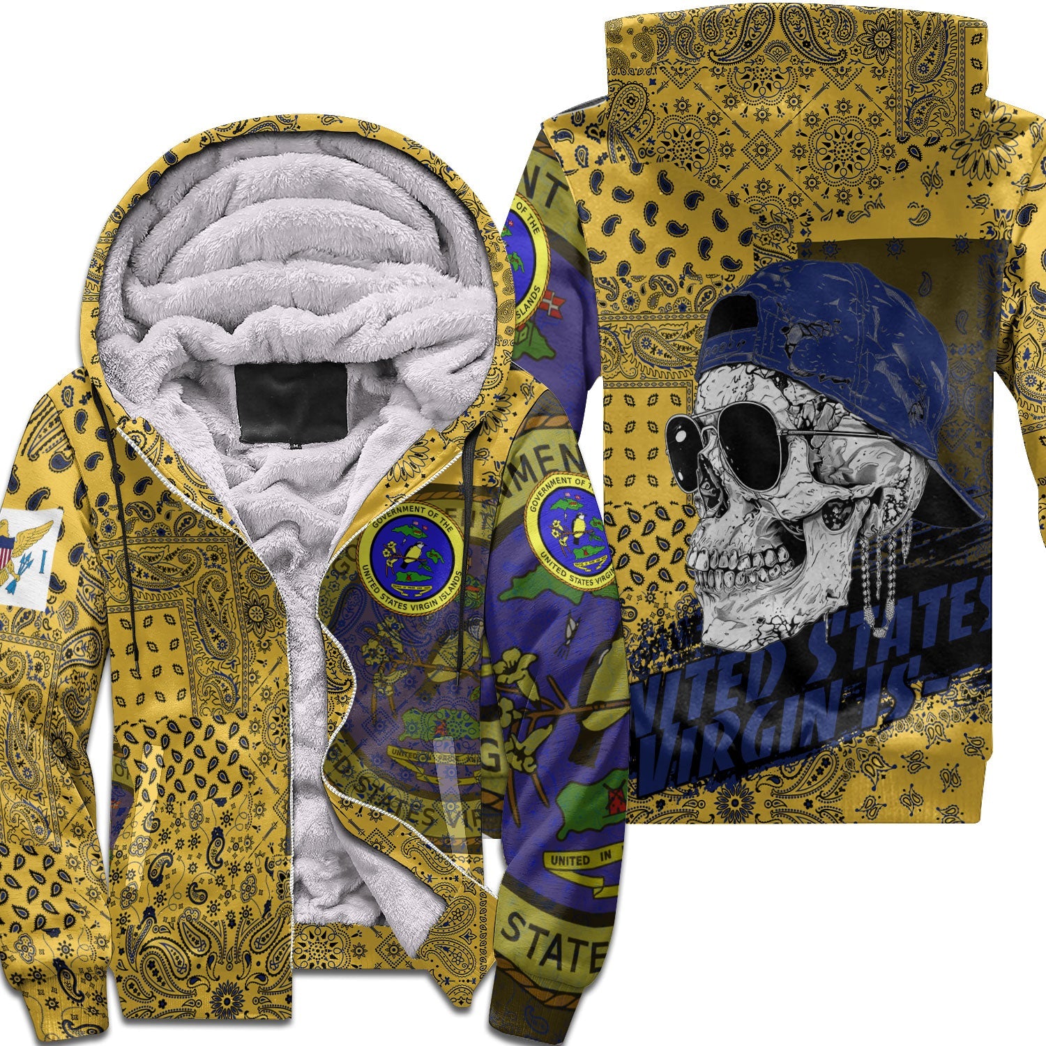 United States Virgin Islands Sherpa Hoodie Paisley Flag And Skull Style 1