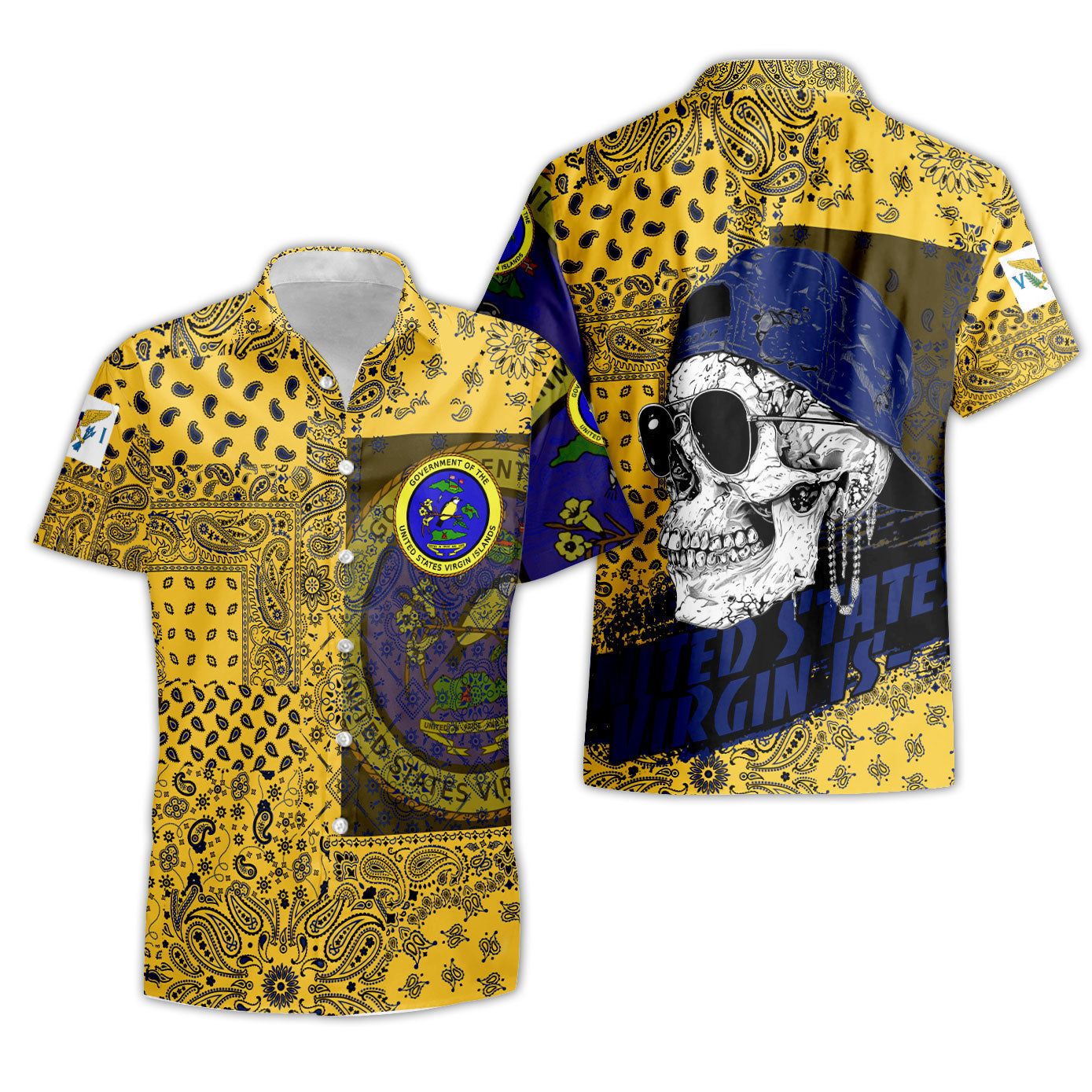 United States Virgin Islands Short Sleeve Shirt Paisley Flag And Skull Style 3