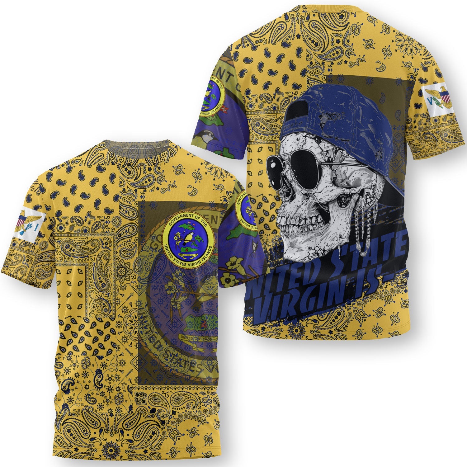 United States Virgin Islands T Shirt Paisley Flag And Skull Style 3