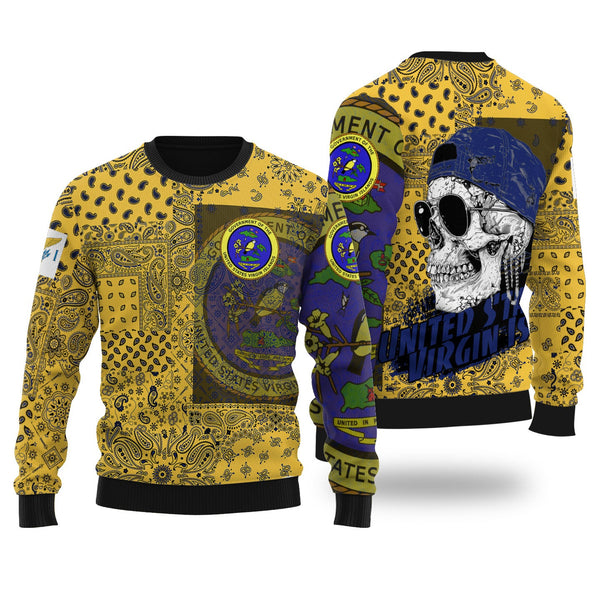 United States Virgin Islands Ugly Sweater Paisley Flag And Skull Style 1