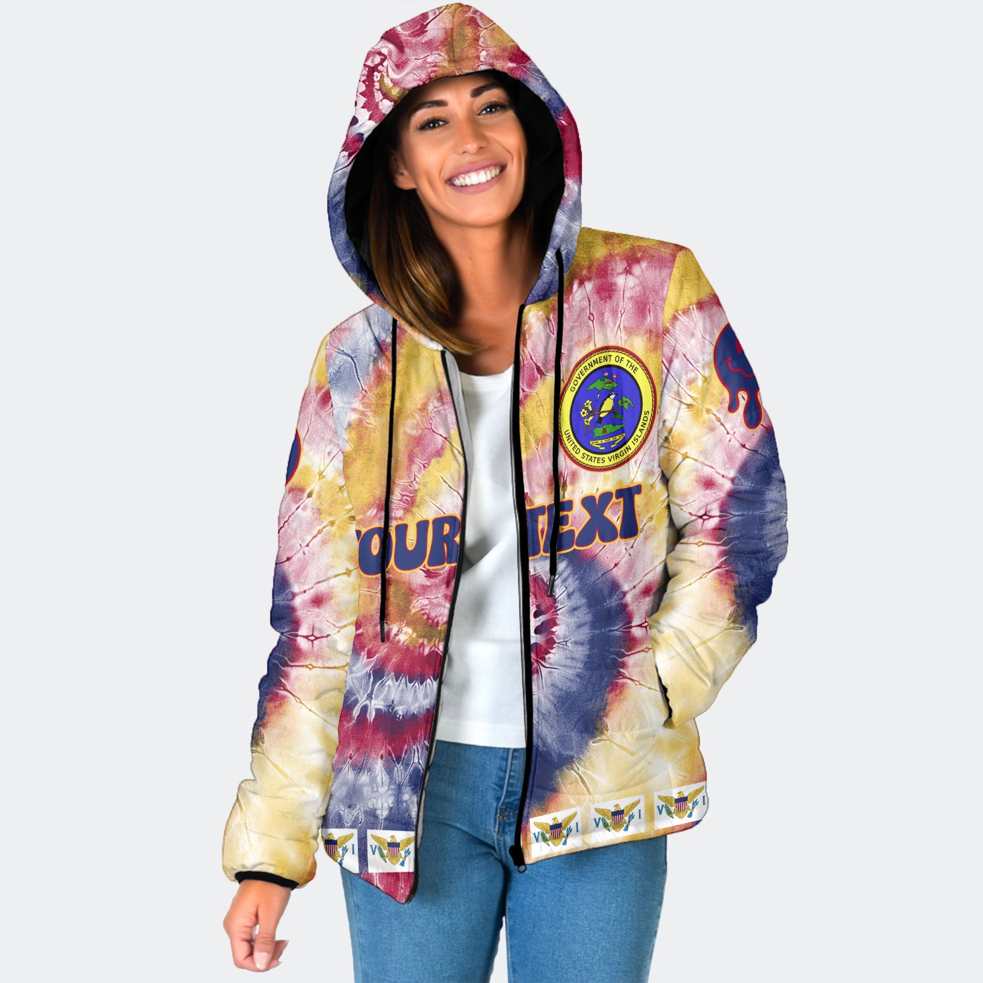 United States Virgin Islands Women Hooded Padded Jacket Custom Tie Dye Style 1