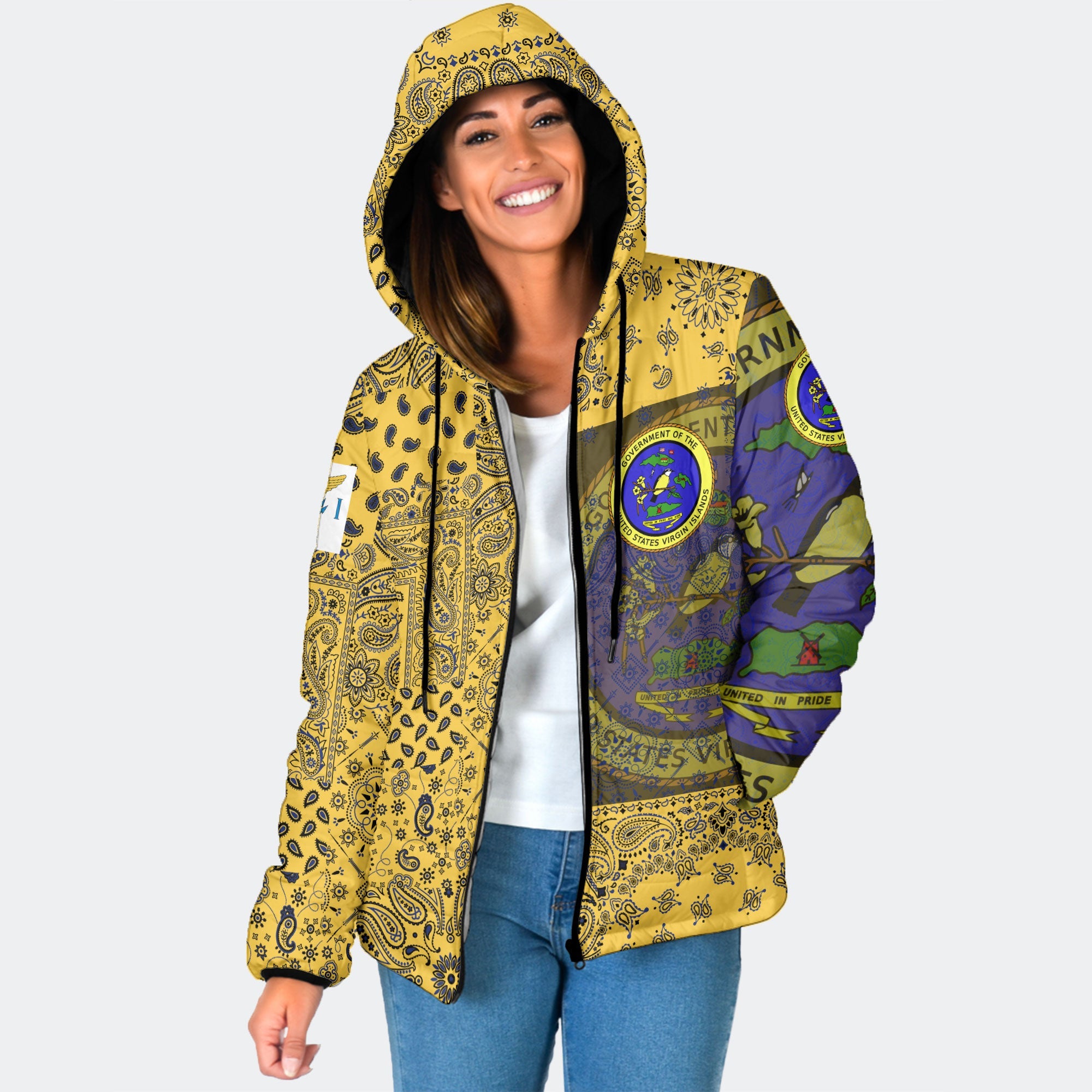 United States Virgin Islands Women Hooded Padded Jacket Paisley Flag And Skull Style 1