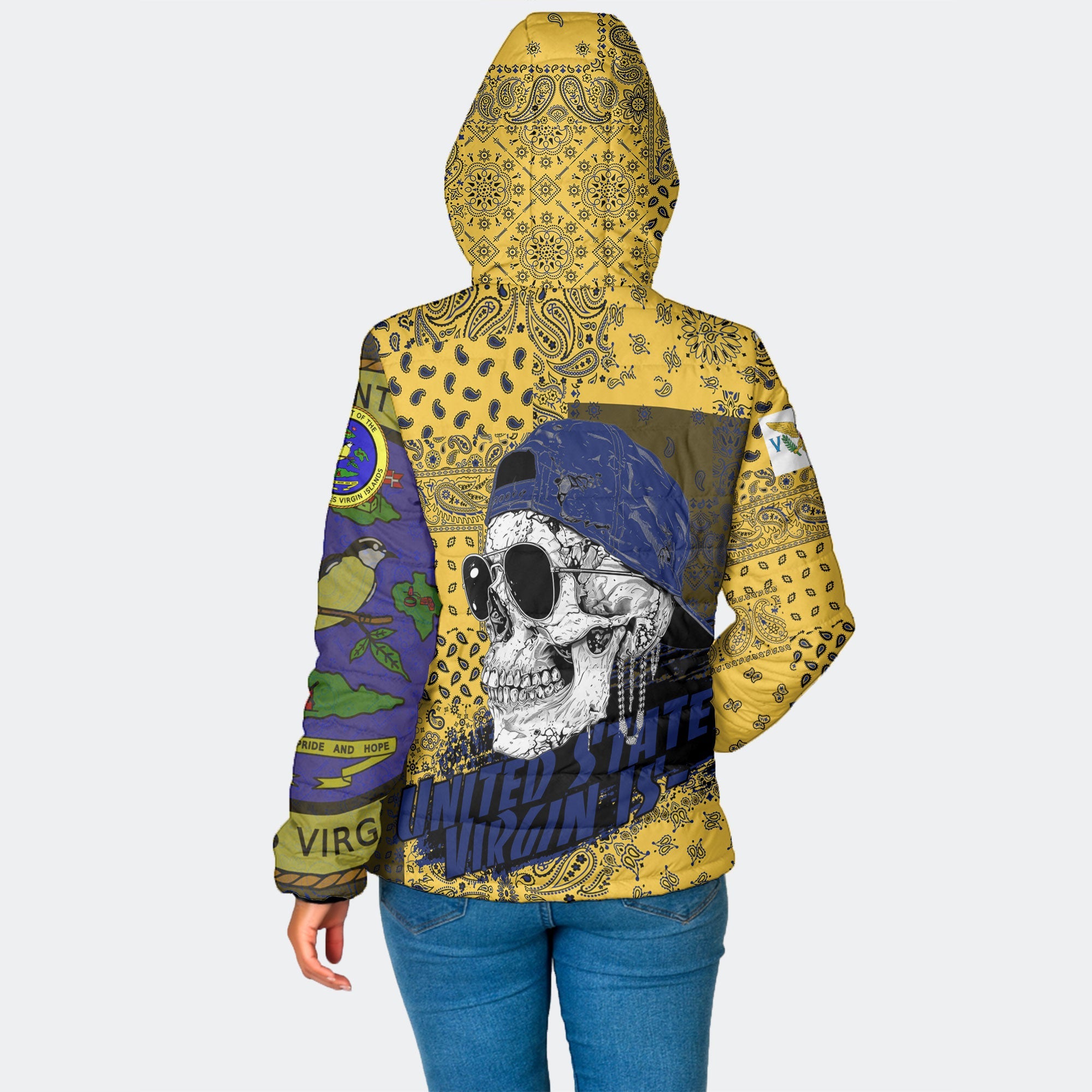 United States Virgin Islands Women Hooded Padded Jacket Paisley Flag And Skull Style 2