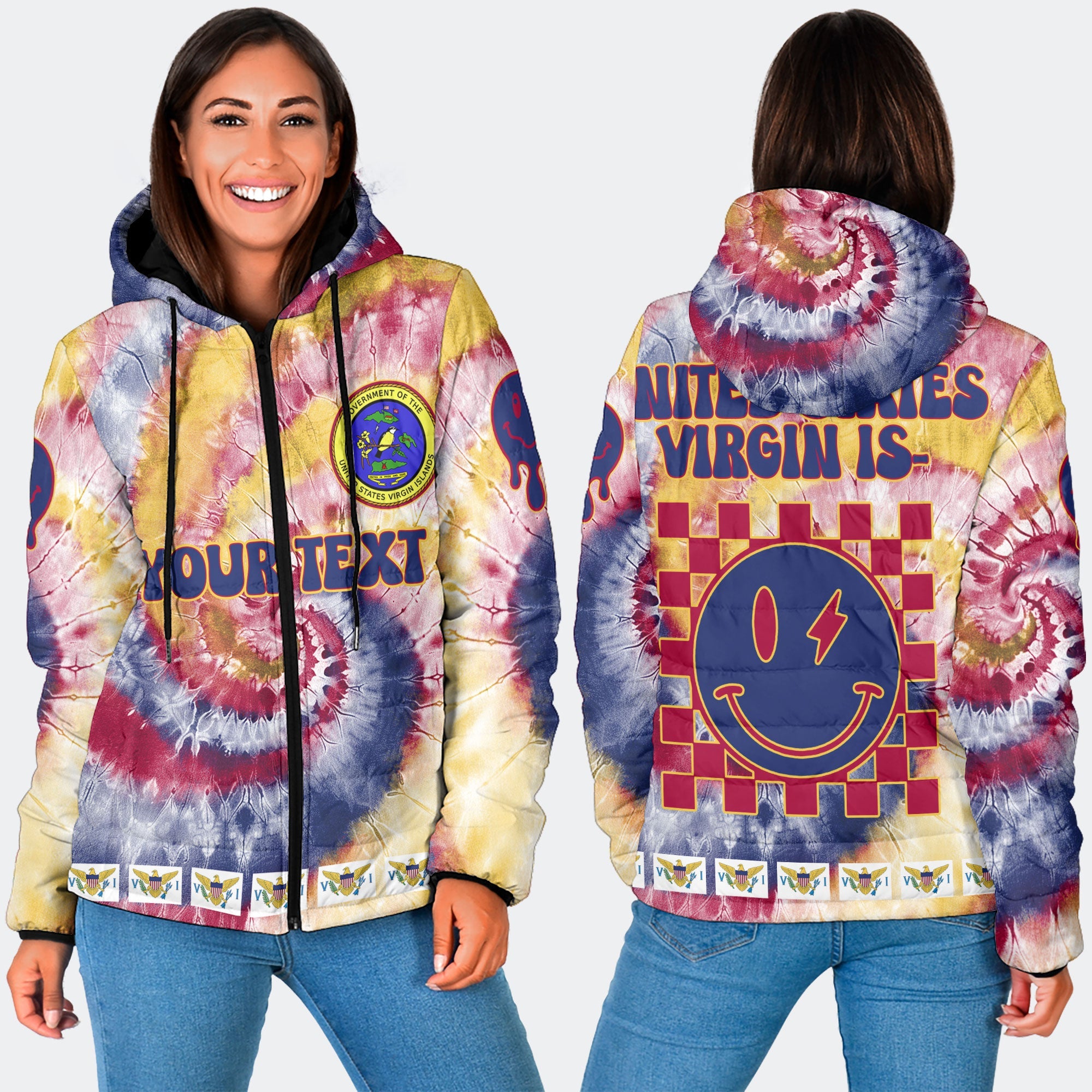 United States Virgin Islands Women Hooded Padded Jacket Custom Tie Dye Style 3