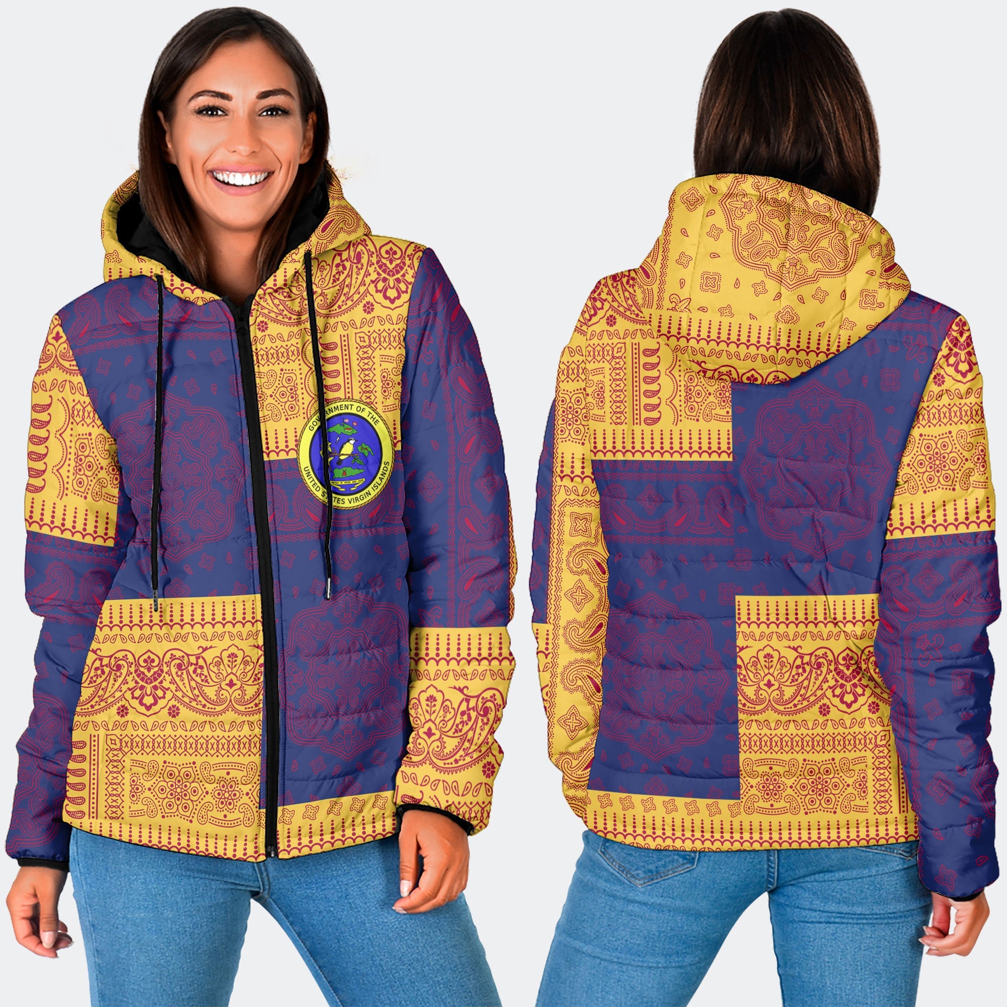 United States Virgin Islands Women Hooded Padded Jacket Flag And Paisley Basic Style 3