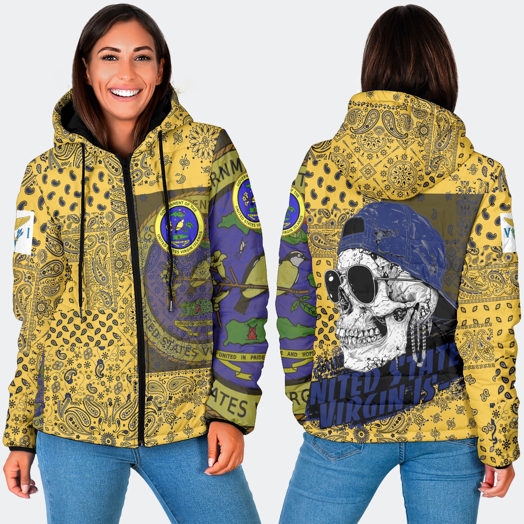 United States Virgin Islands Women Hooded Padded Jacket Paisley Flag And Skull Style 3