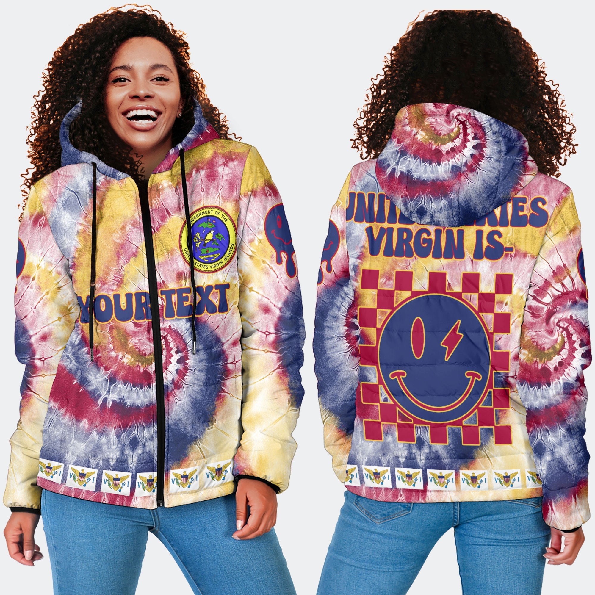 United States Virgin Islands Women Hooded Padded Jacket Custom Tie Dye Style 4