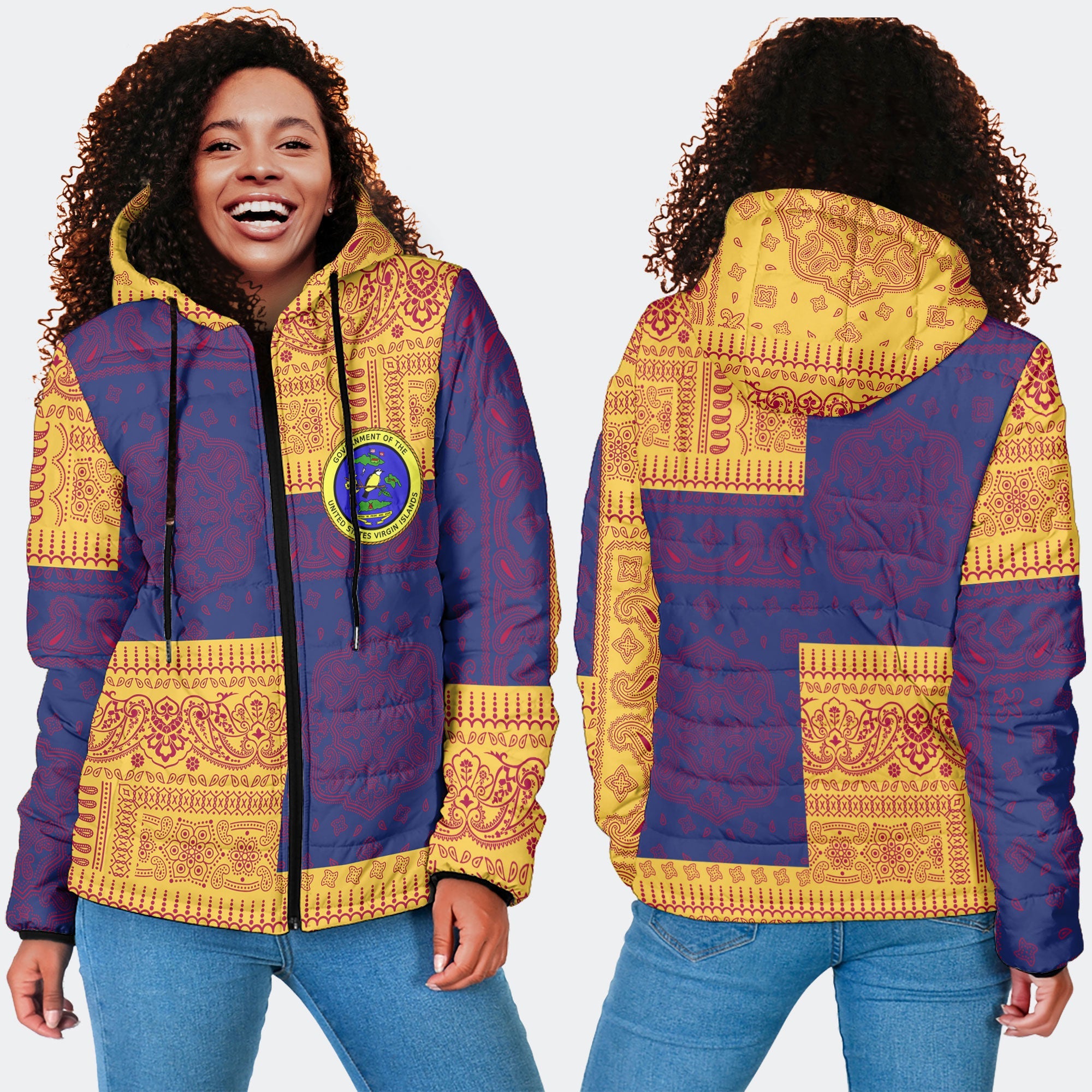 United States Virgin Islands Women Hooded Padded Jacket Flag And Paisley Basic Style 4