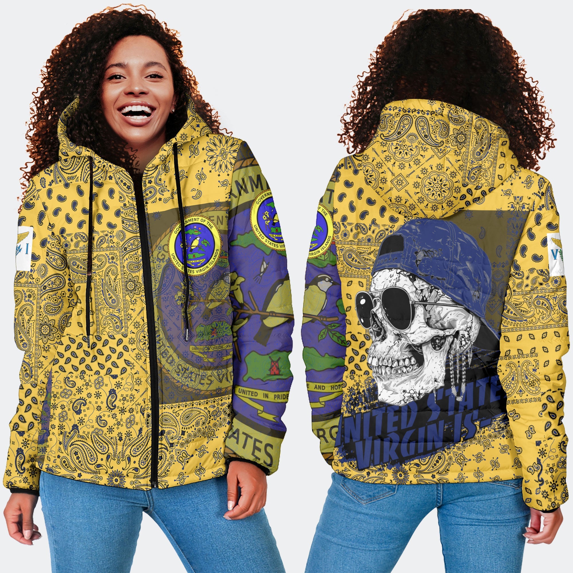 United States Virgin Islands Women Hooded Padded Jacket Paisley Flag And Skull Style 4