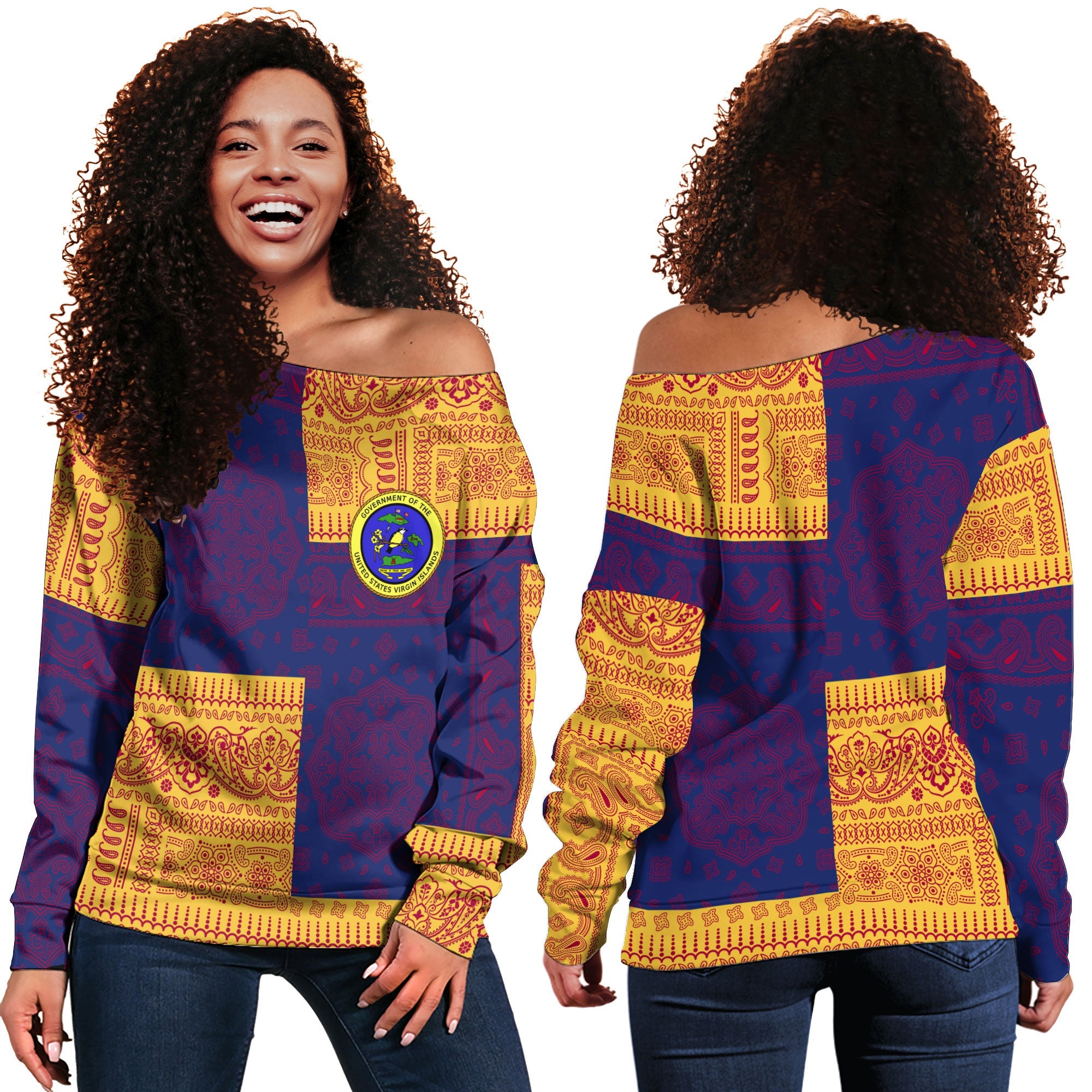 United States Virgin Islands Women Off Shoulder Sweatshirt Flag And Paisley Basic Style 1