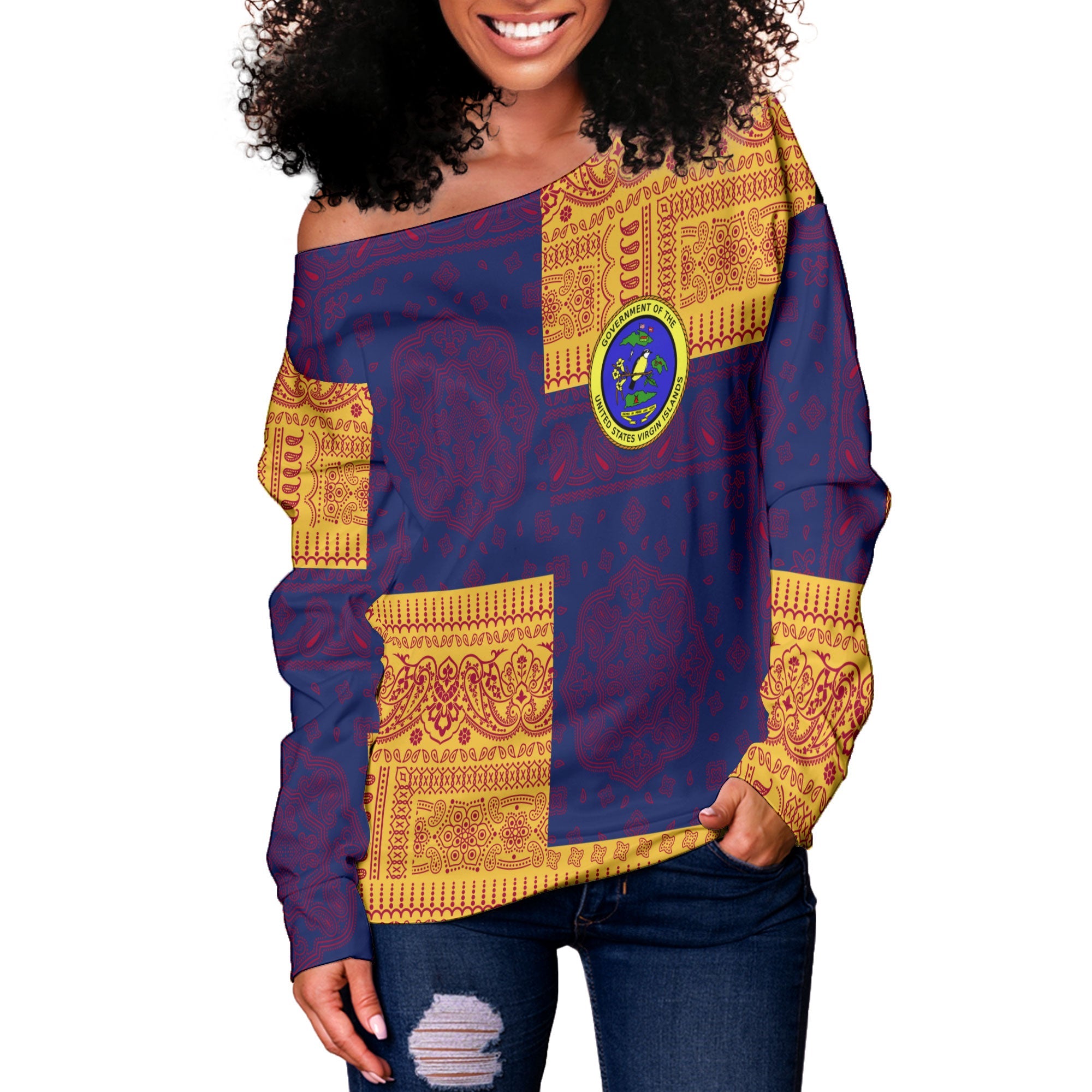 United States Virgin Islands Women Off Shoulder Sweatshirt Flag And Paisley Basic Style 2