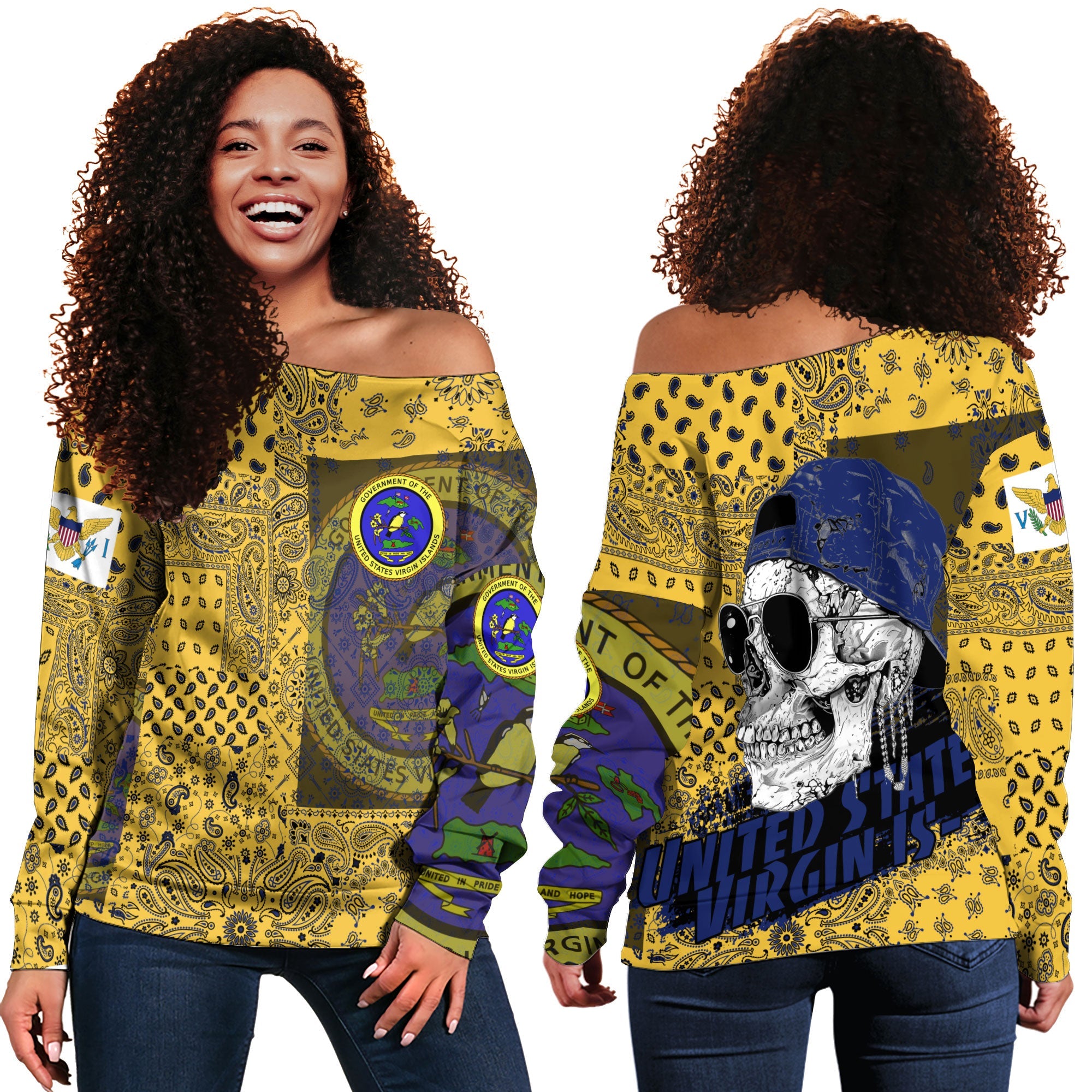 United States Virgin Islands Women Off Shoulder Sweatshirt Paisley Flag And Skull Style 1