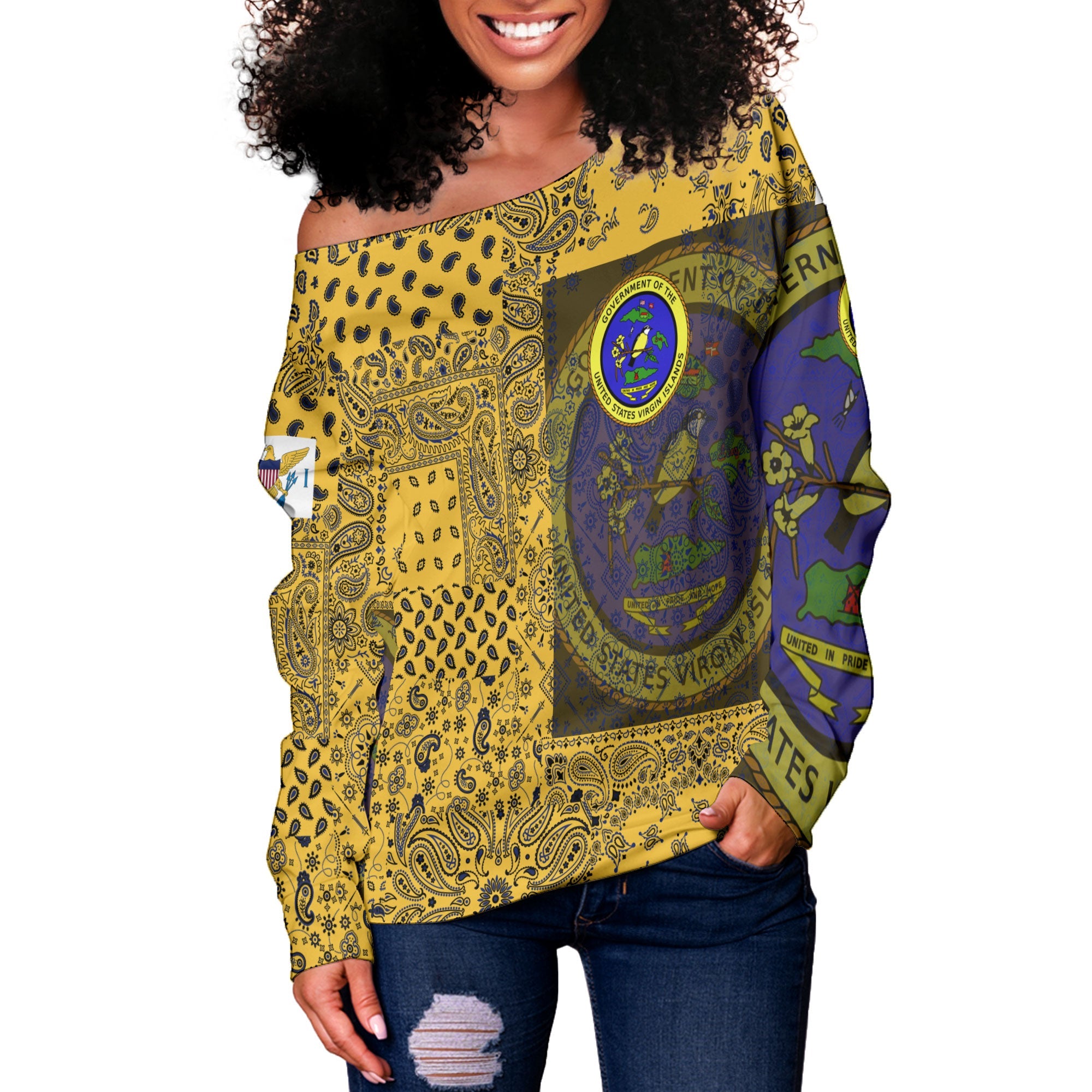 United States Virgin Islands Women Off Shoulder Sweatshirt Paisley Flag And Skull Style 2