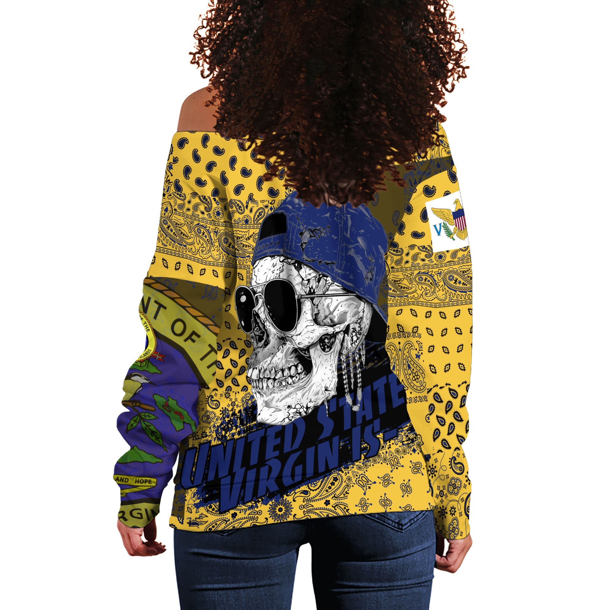 United States Virgin Islands Women Off Shoulder Sweatshirt Paisley Flag And Skull Style 3