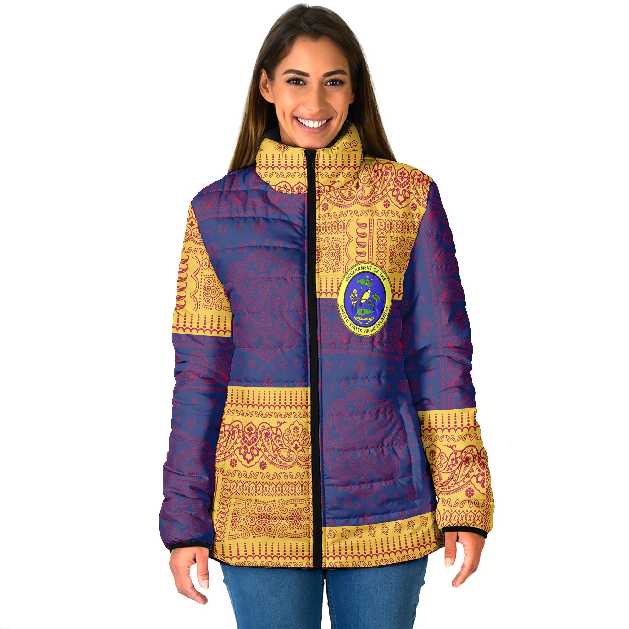 United States Virgin Islands Women Padded Jacket Flag And Paisley Basic Style 1