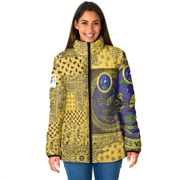 United States Virgin Islands Women Padded Jacket Paisley Flag And Skull Style 1