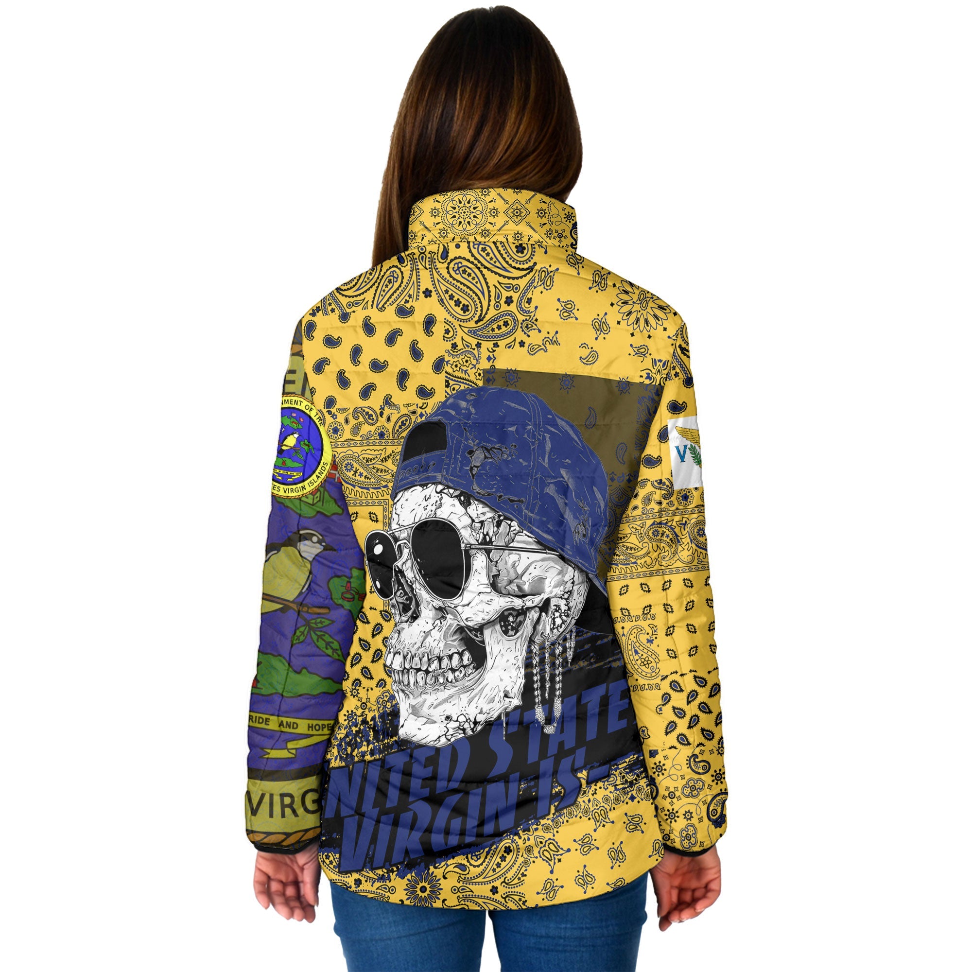 United States Virgin Islands Women Padded Jacket Paisley Flag And Skull Style 2