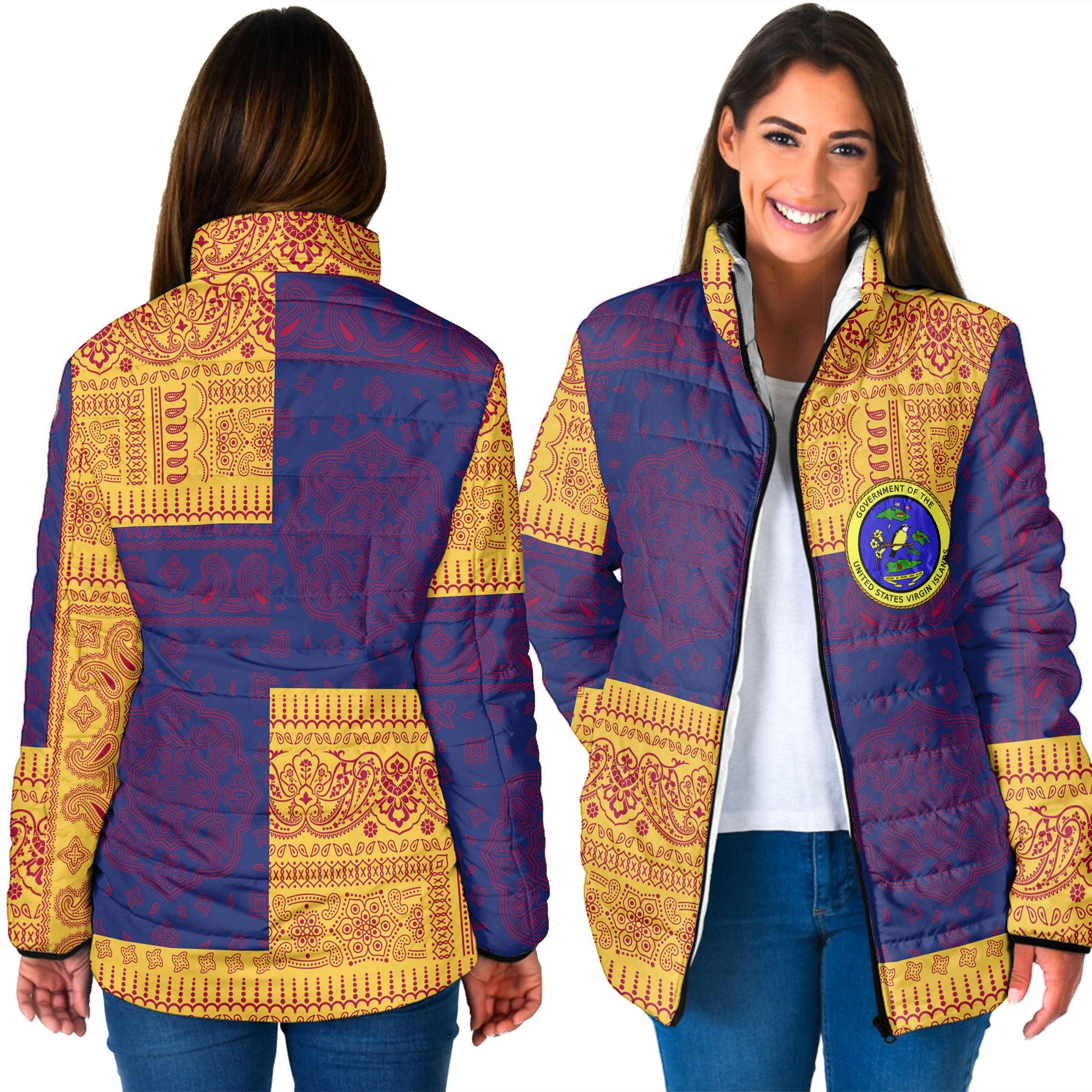 United States Virgin Islands Women Padded Jacket Flag And Paisley Basic Style 3