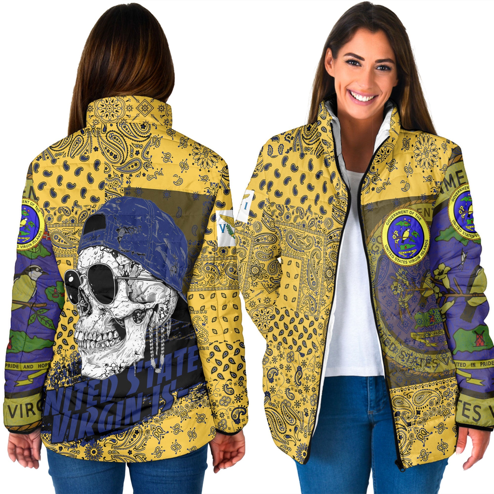 United States Virgin Islands Women Padded Jacket Paisley Flag And Skull Style 3