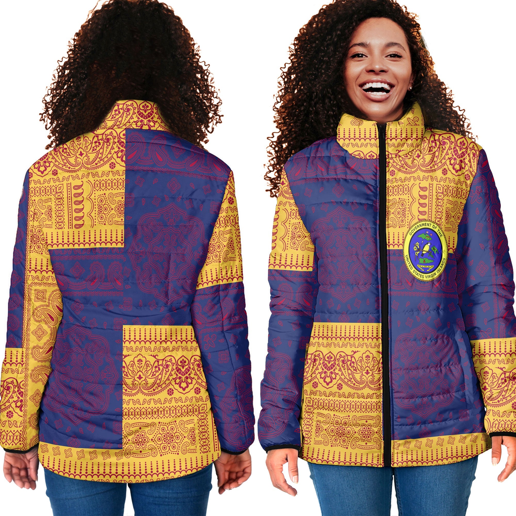 United States Virgin Islands Women Padded Jacket Flag And Paisley Basic Style 4