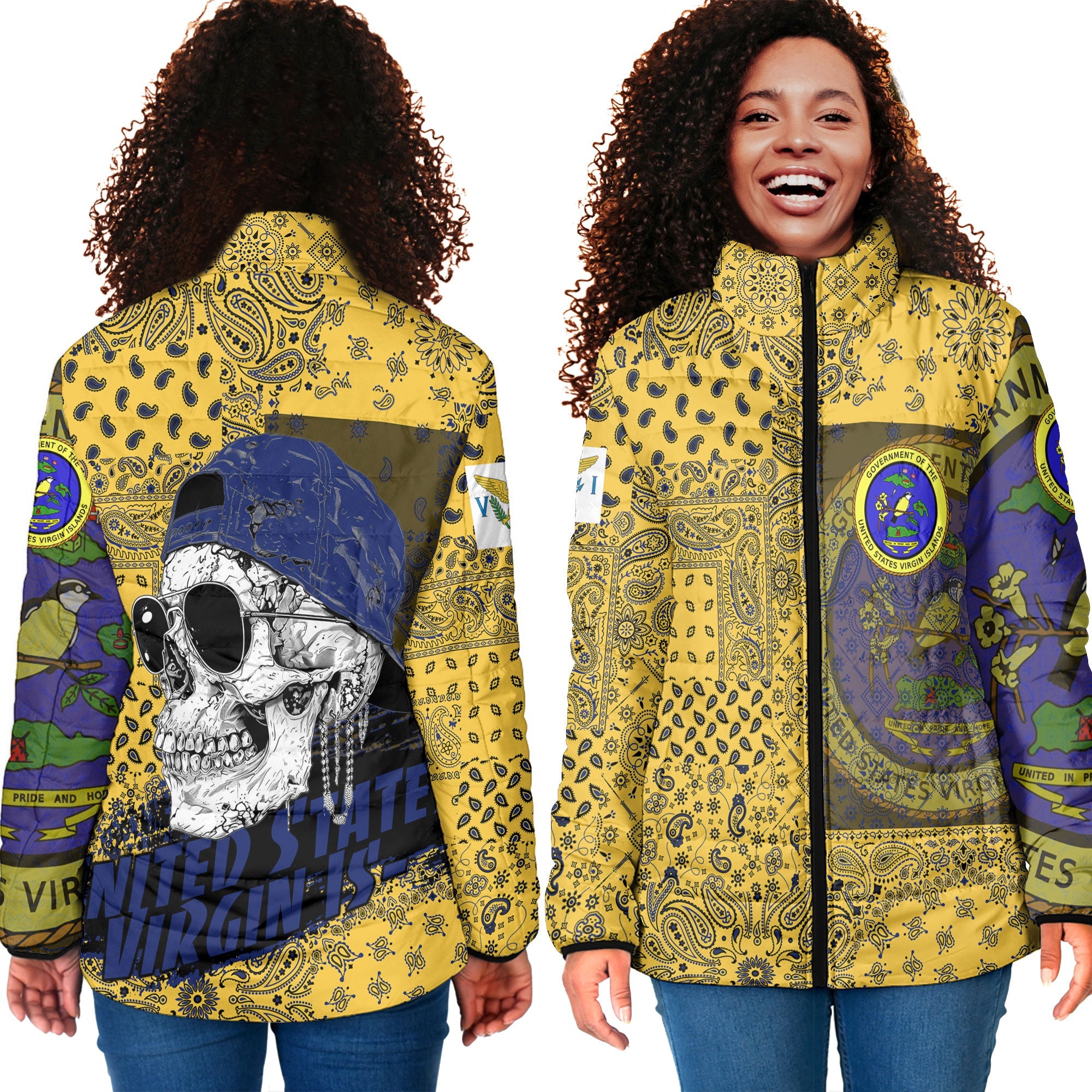 United States Virgin Islands Women Padded Jacket Paisley Flag And Skull Style 4