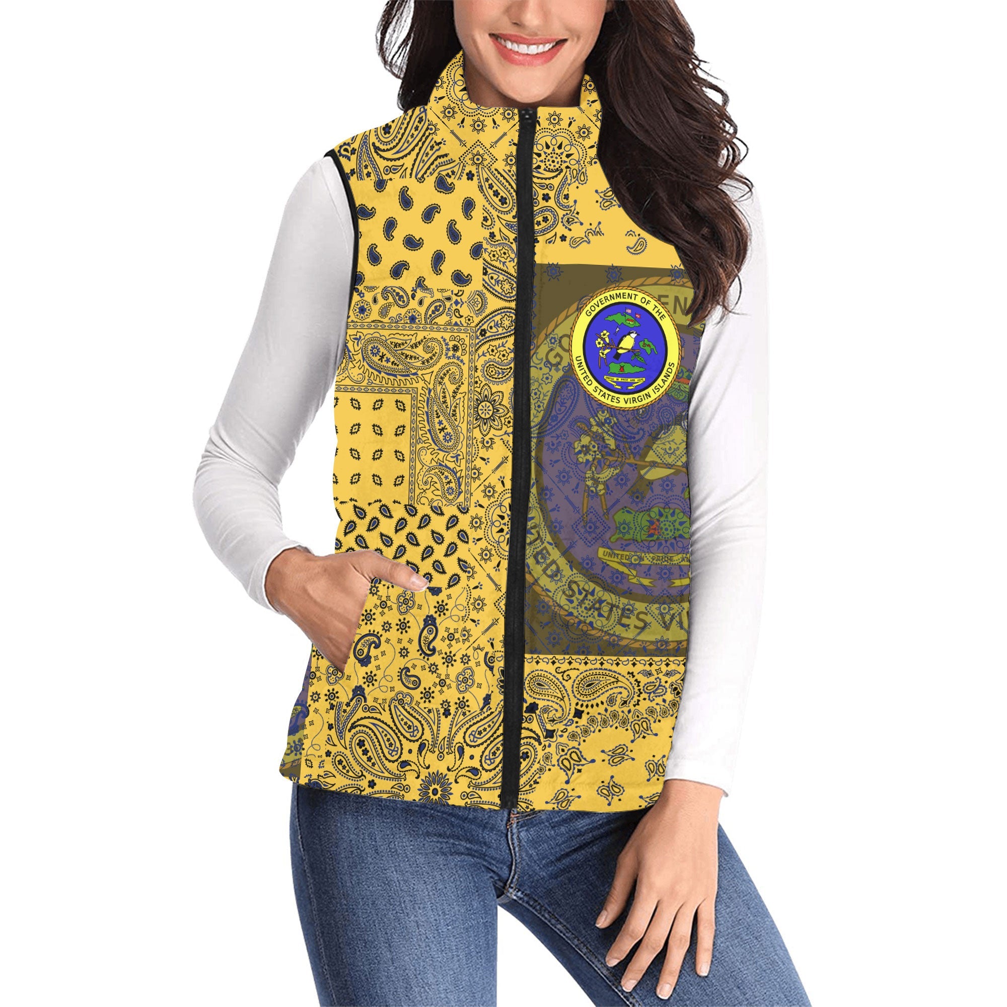 United States Virgin Islands Women Padded Jacket Vest Paisley Flag And Skull Style 1