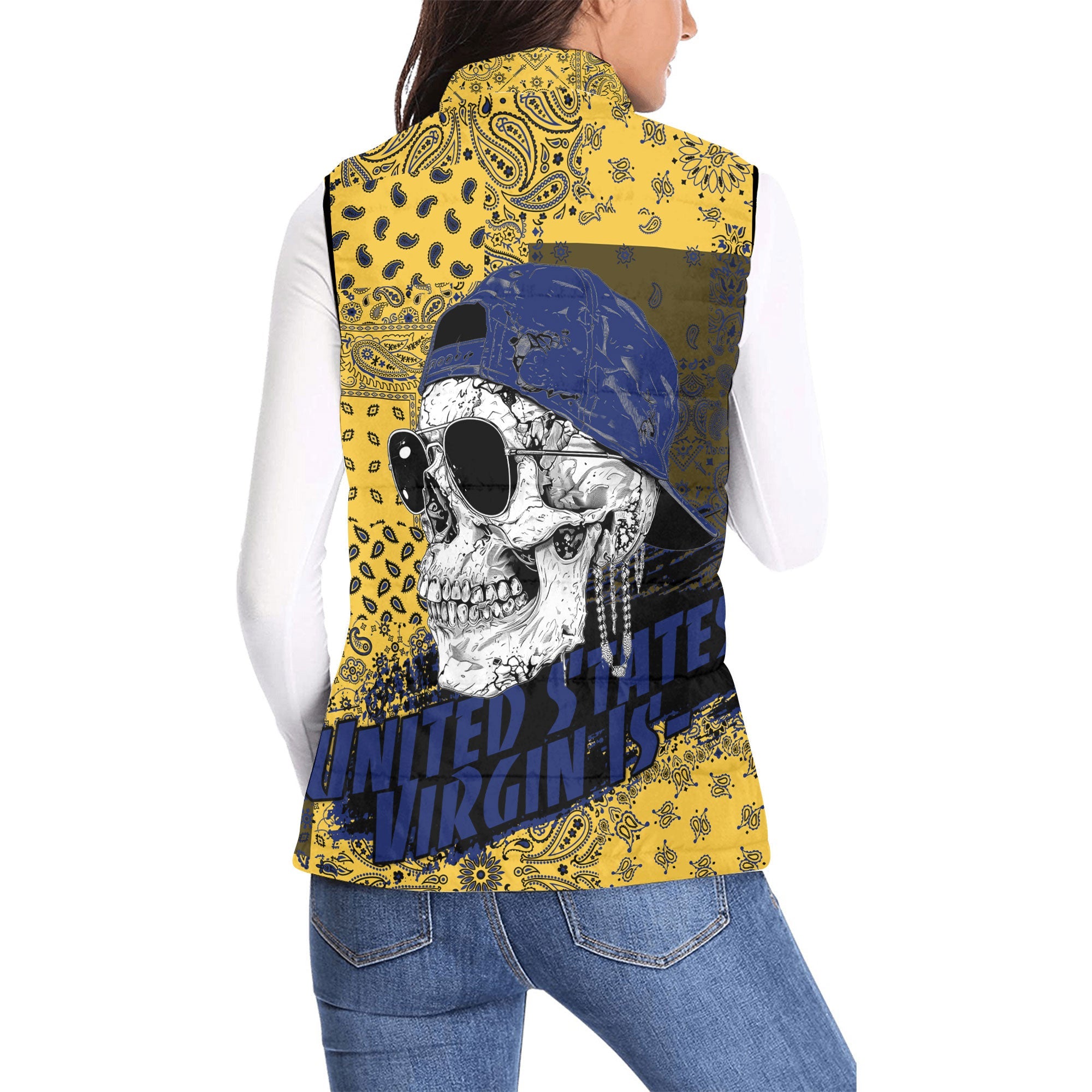 United States Virgin Islands Women Padded Jacket Vest Paisley Flag And Skull Style 2