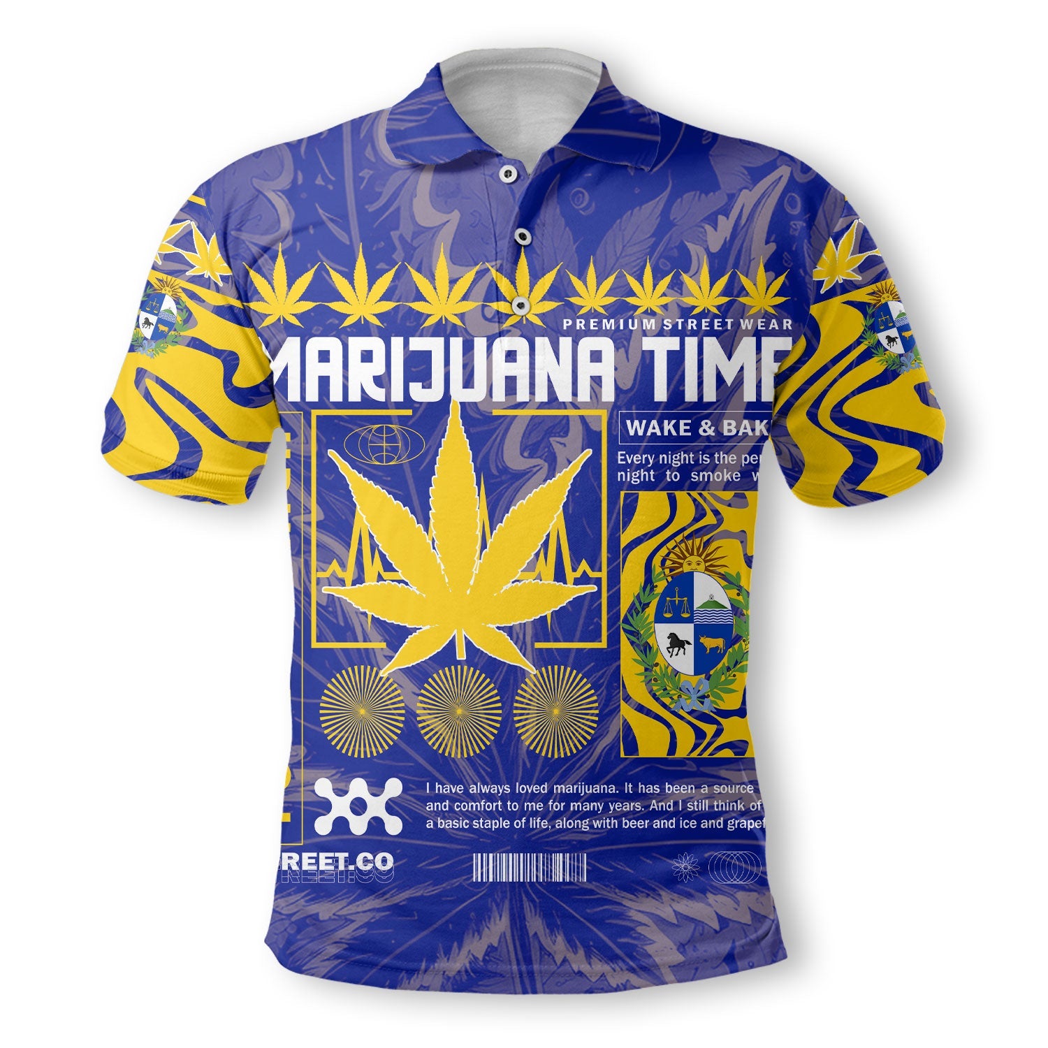 Uruguay Polo Shirt Flag & Coat Of Arms Marijuanas Style