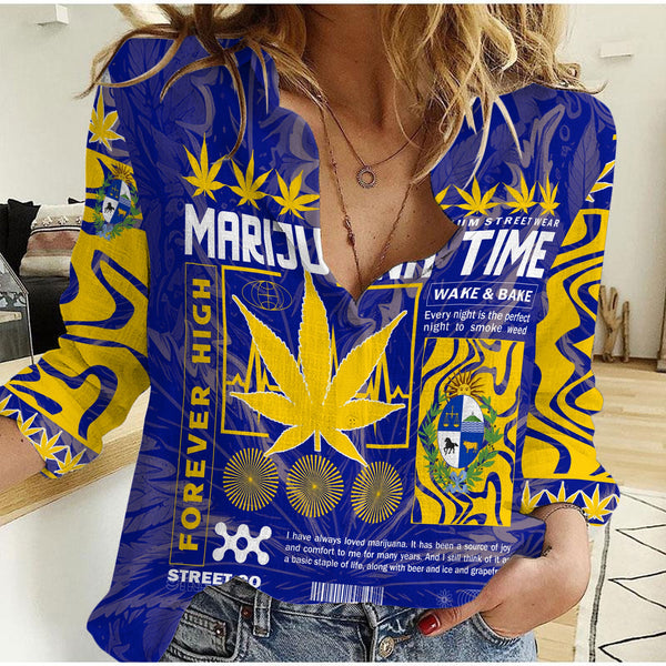 Uruguay Women Casual Shirt Flag & Coat Of Arms Marijuanas Style